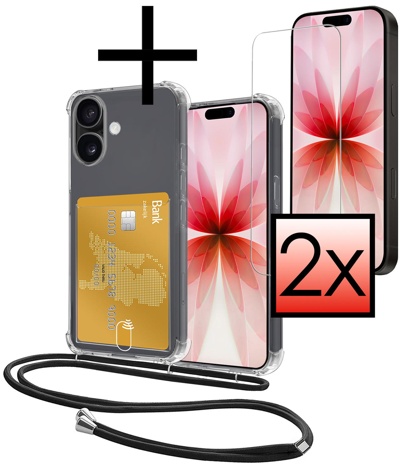 NoXx NoXx iPhone 17 Hoesje Pashouder met Koord Met 2x Screenprotector