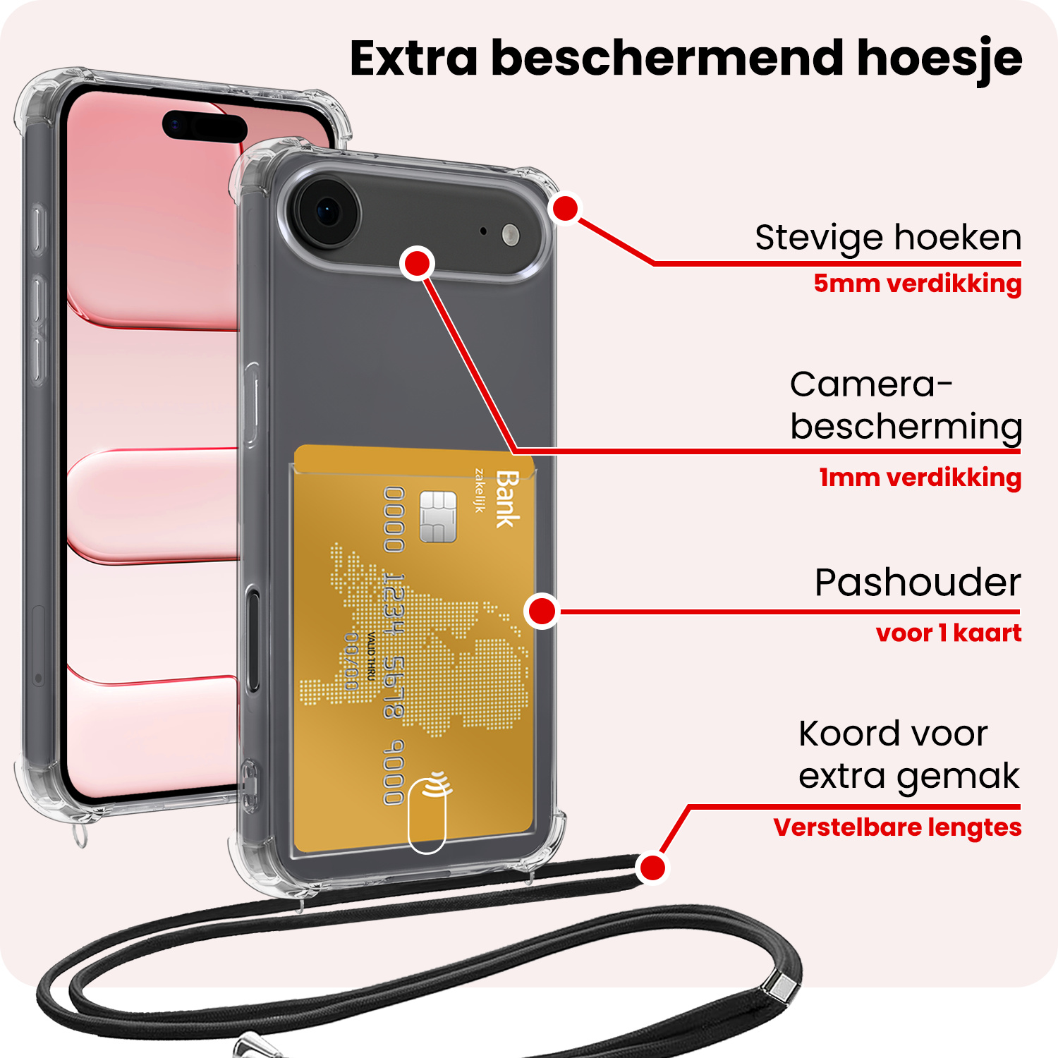 NoXx NoXx iPhone Air Hoesje Pashouder met Koord Met Screenprotector