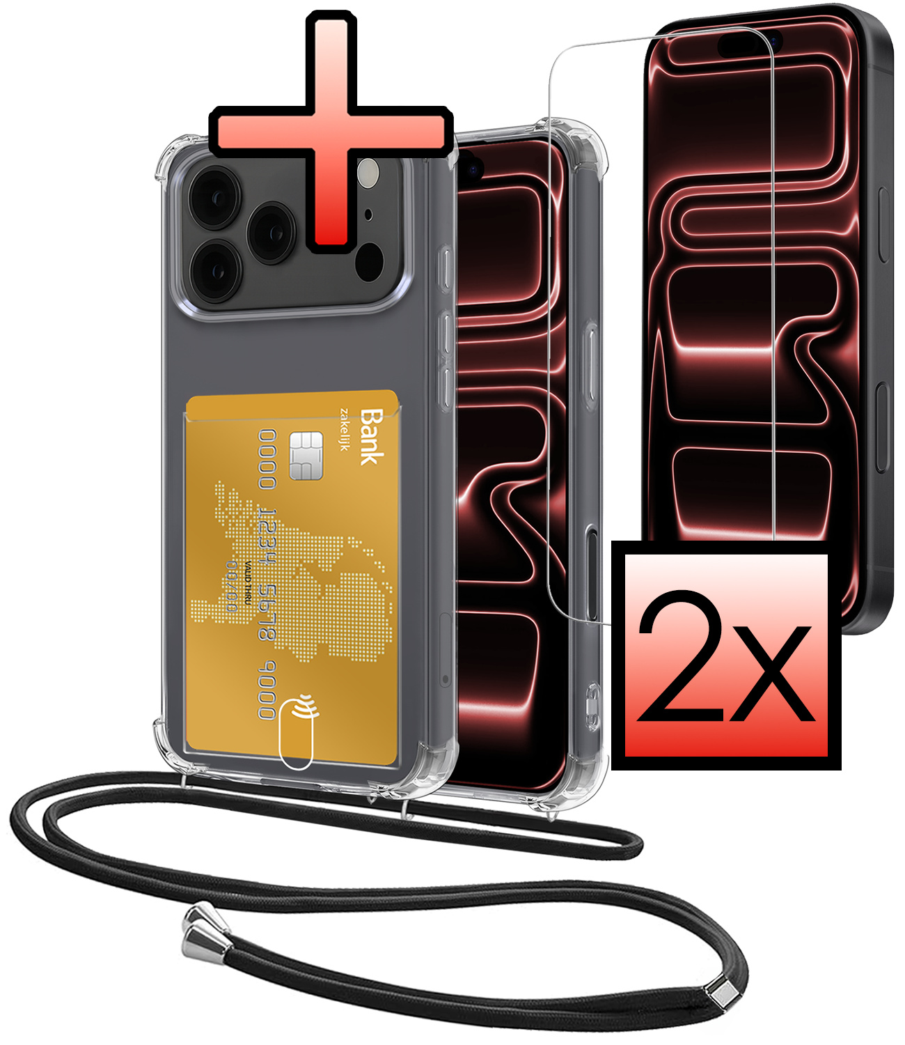 NoXx NoXx iPhone 17 Pro Hoesje Pashouder met Koord Met 2x Screenprotector