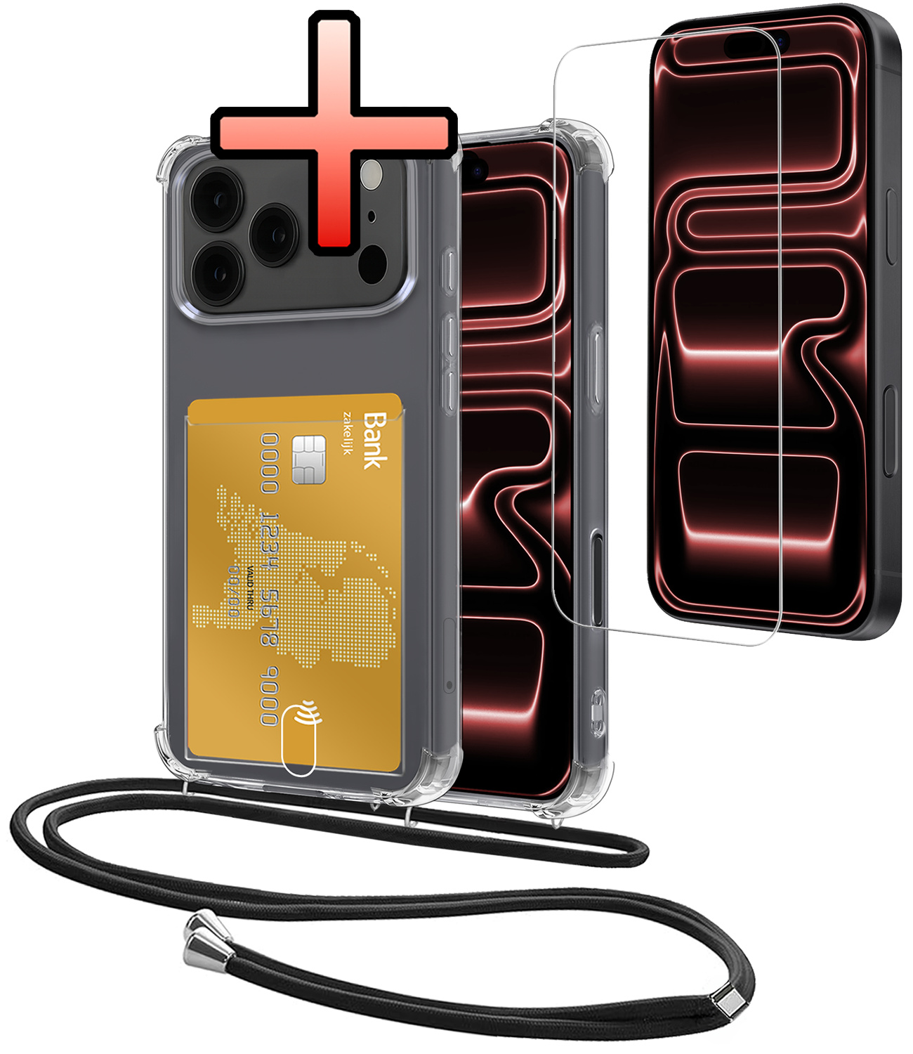 NoXx NoXx iPhone 17 Pro Max Hoesje Pashouder met Koord Met Screenprotector