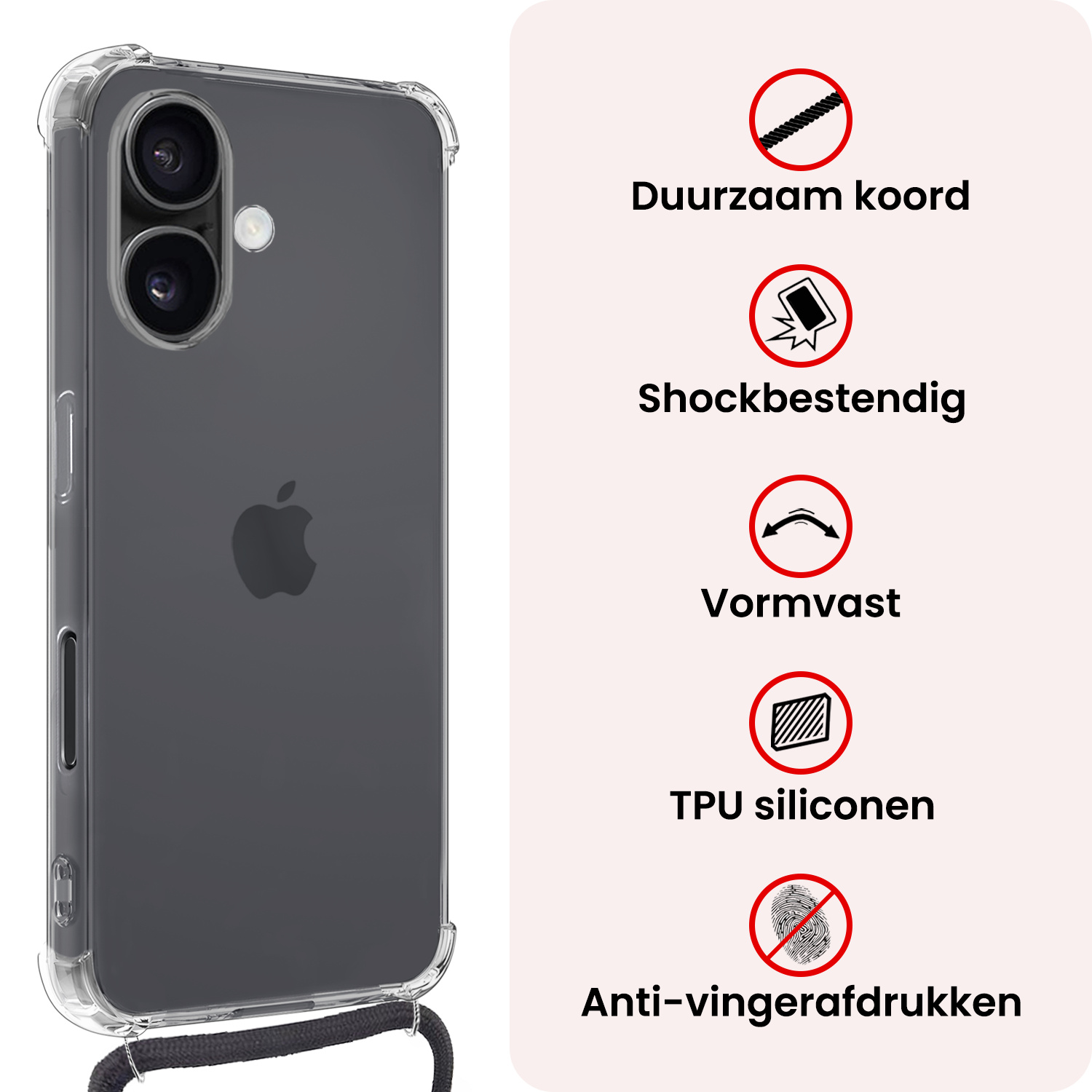 NoXx NoXx iPhone 17 Hoesje Transparant Shockproof Met Zwart Koord