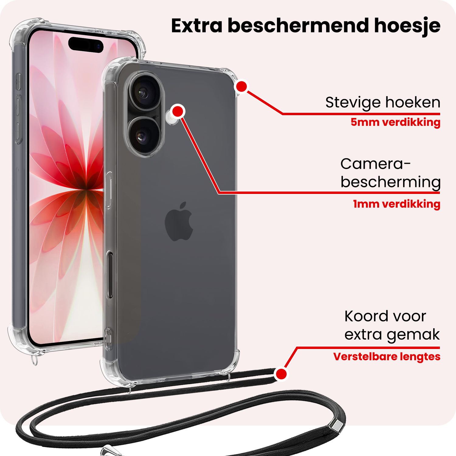NoXx NoXx iPhone 17 Hoesje Transparant Shockproof Met Zwart Koord