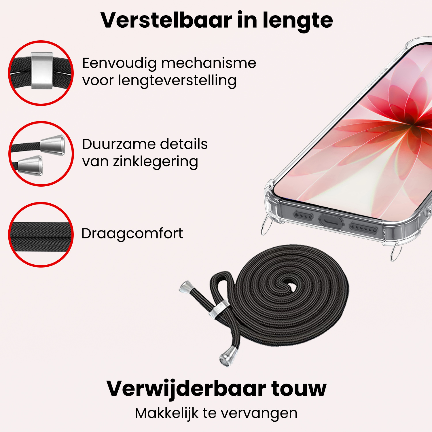 NoXx NoXx iPhone 17 Hoesje Transparant Shockproof Met Zwart Koord