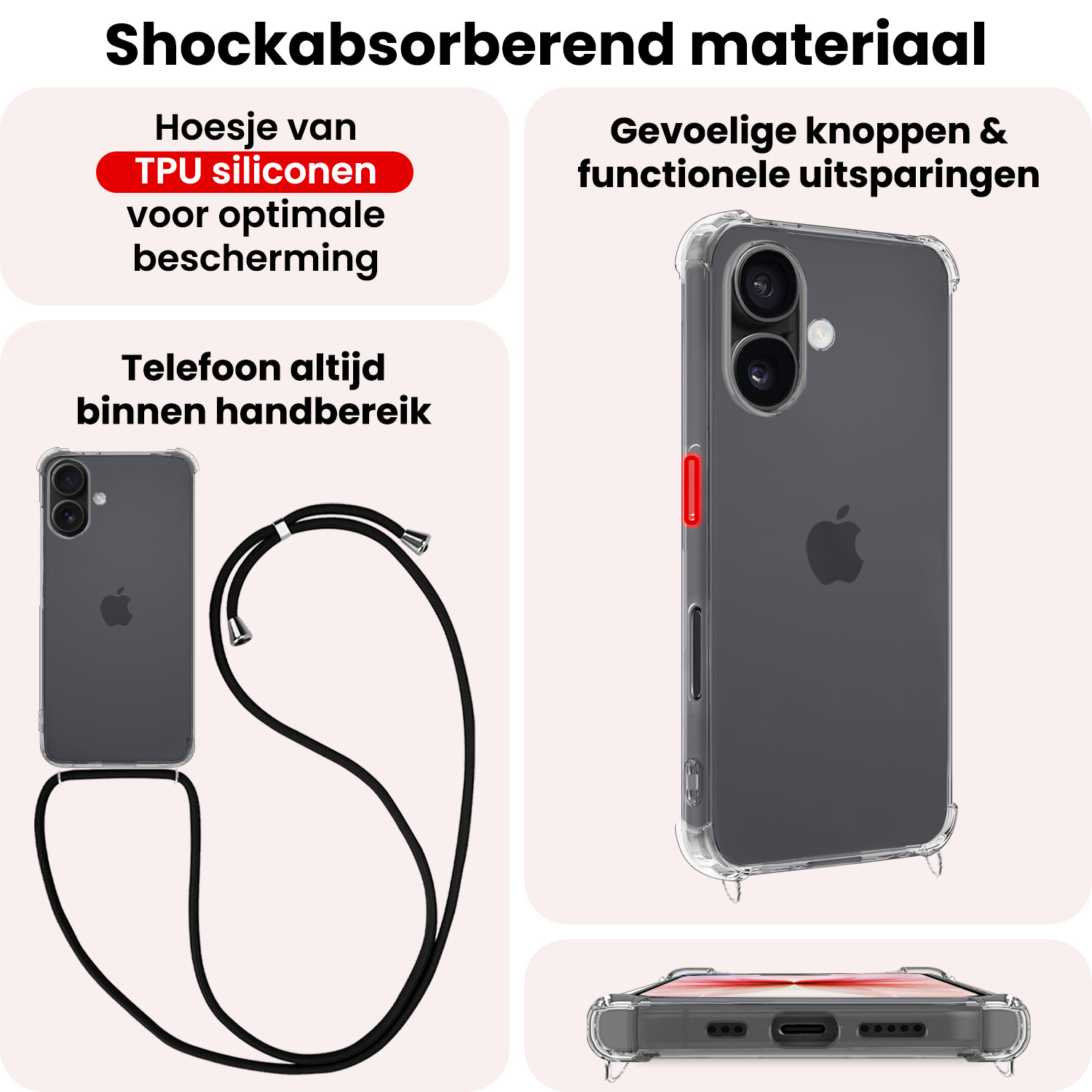 NoXx NoXx iPhone 17 Hoesje Transparant Shockproof Met Zwart Koord