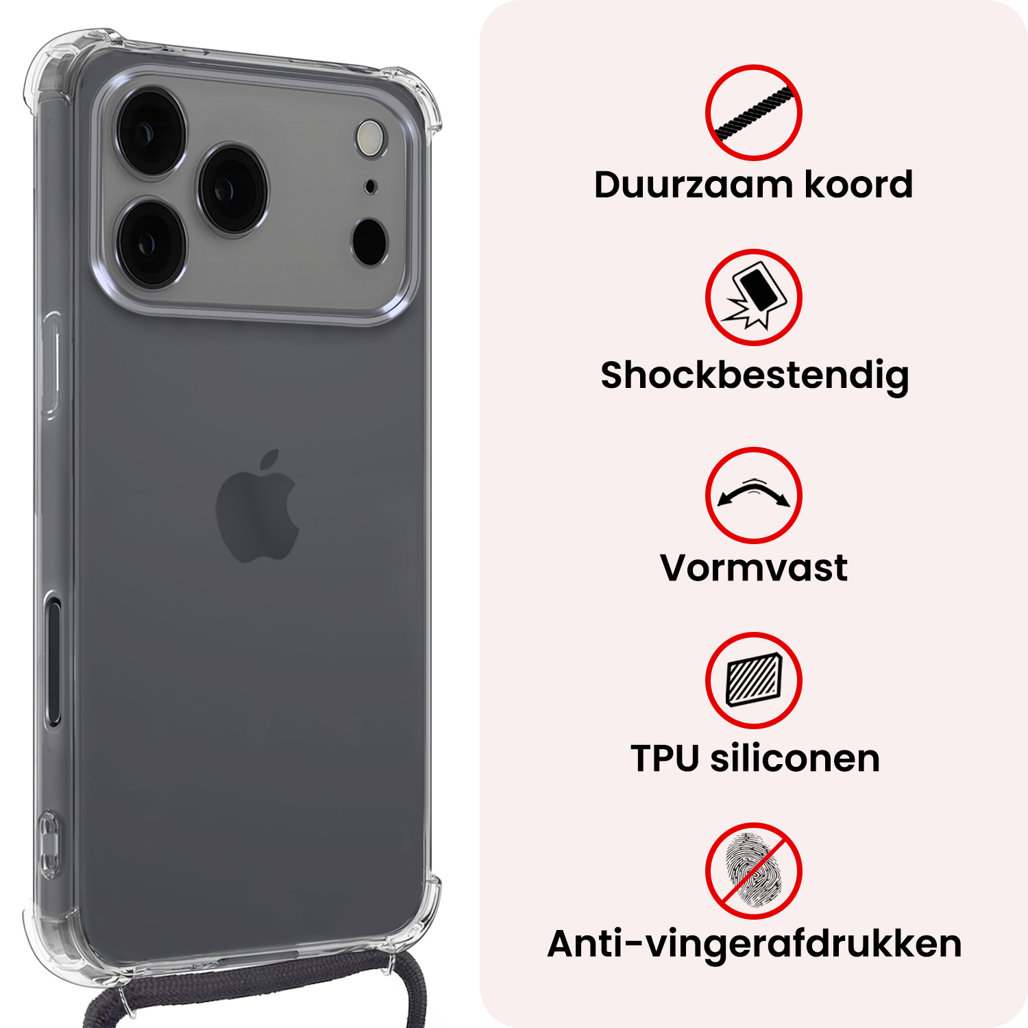 NoXx NoXx iPhone 17 Pro Hoesje Transparant Shockproof Met Zwart Koord