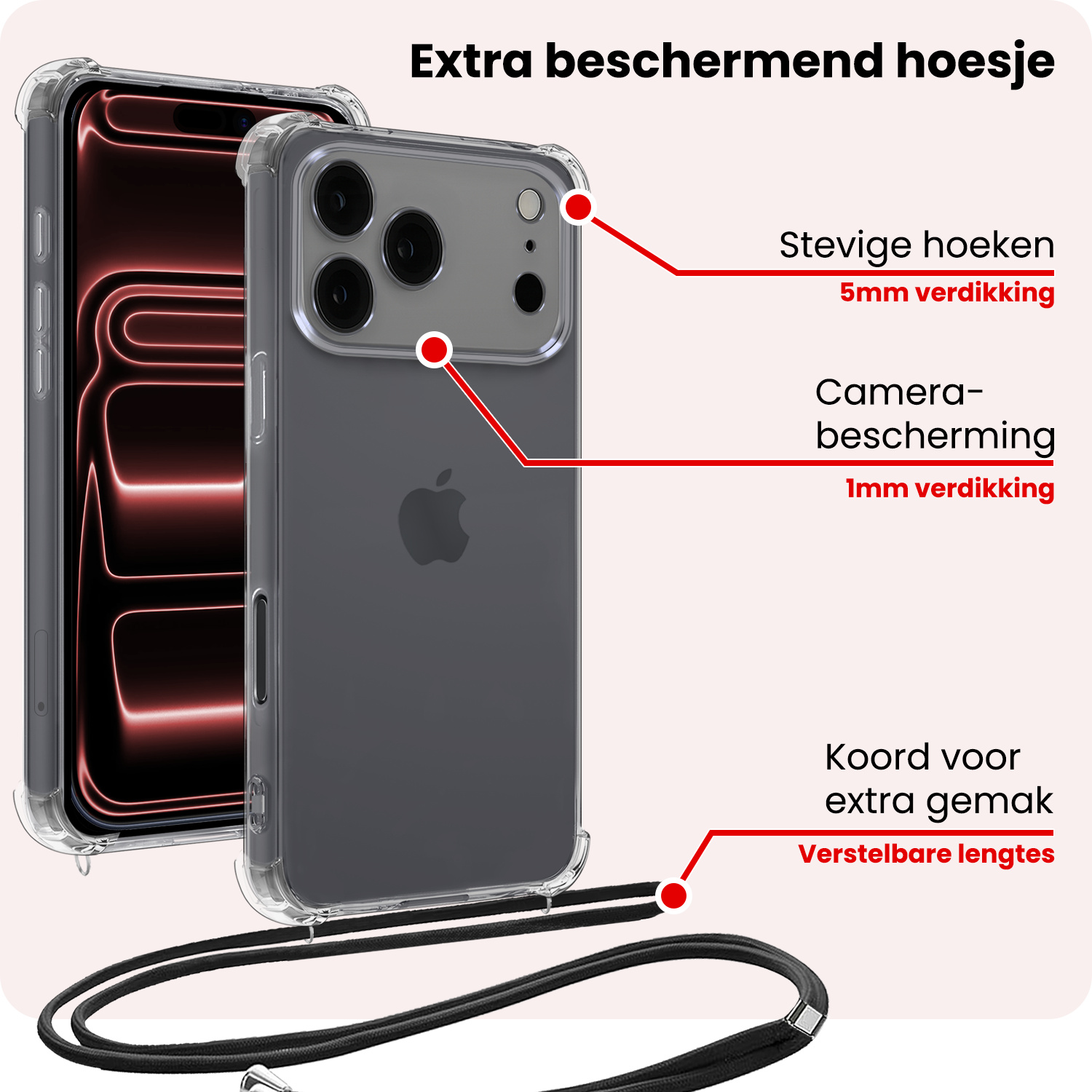 NoXx NoXx iPhone 17 Pro Max Hoesje Transparant Shockproof Met Zwart Koord