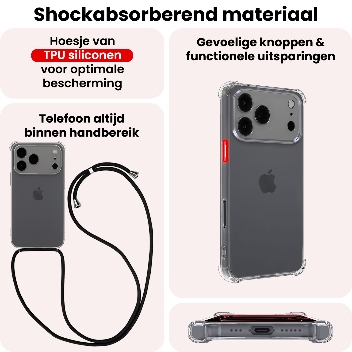 NoXx NoXx iPhone 17 Pro Max Hoesje Transparant Shockproof Met Zwart Koord