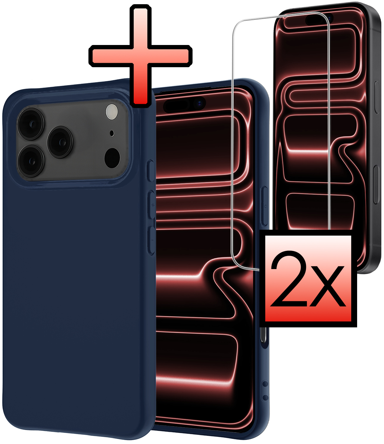 NoXx NoXx iPhone 17 Pro Hoesje Siliconen Met 2x Screenprotector Met Dichte Notch - Donkerblauw