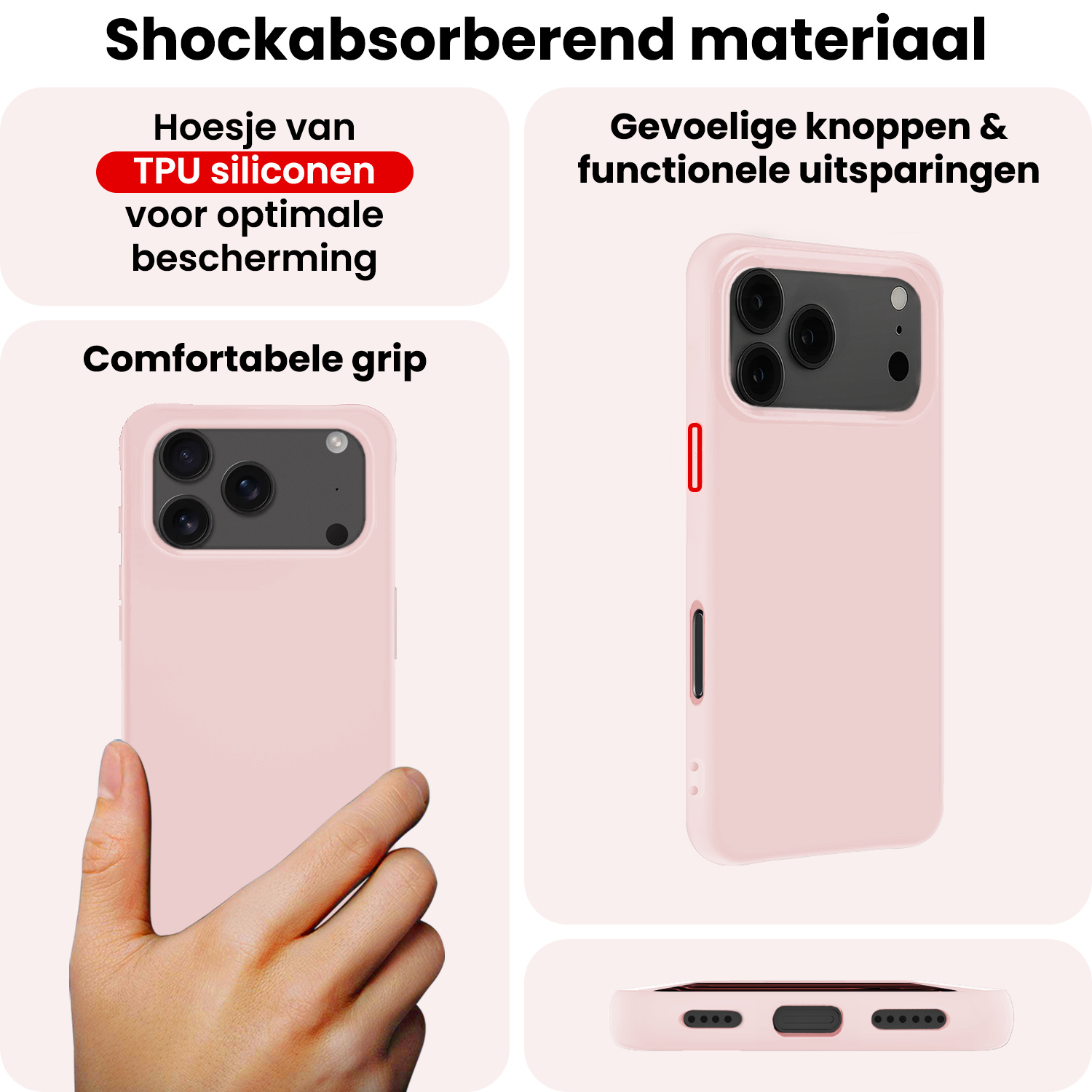 NoXx NoXx iPhone 17 Pro Hoesje Siliconen Met 2x Screenprotector Met Dichte Notch - Lichtroze