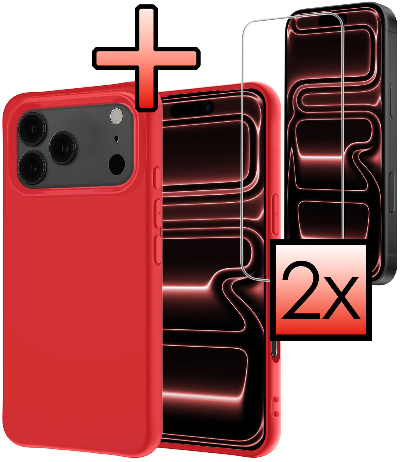 NoXx NoXx iPhone 17 Pro Hoesje Siliconen Met 2x Screenprotector Met Dichte Notch - Rood
