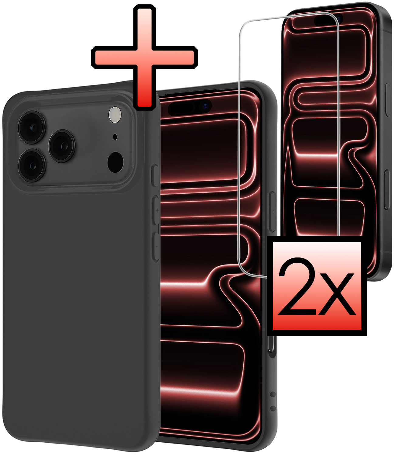 NoXx NoXx iPhone 17 Pro Hoesje Siliconen Met 2x Screenprotector Met Dichte Notch - Zwart