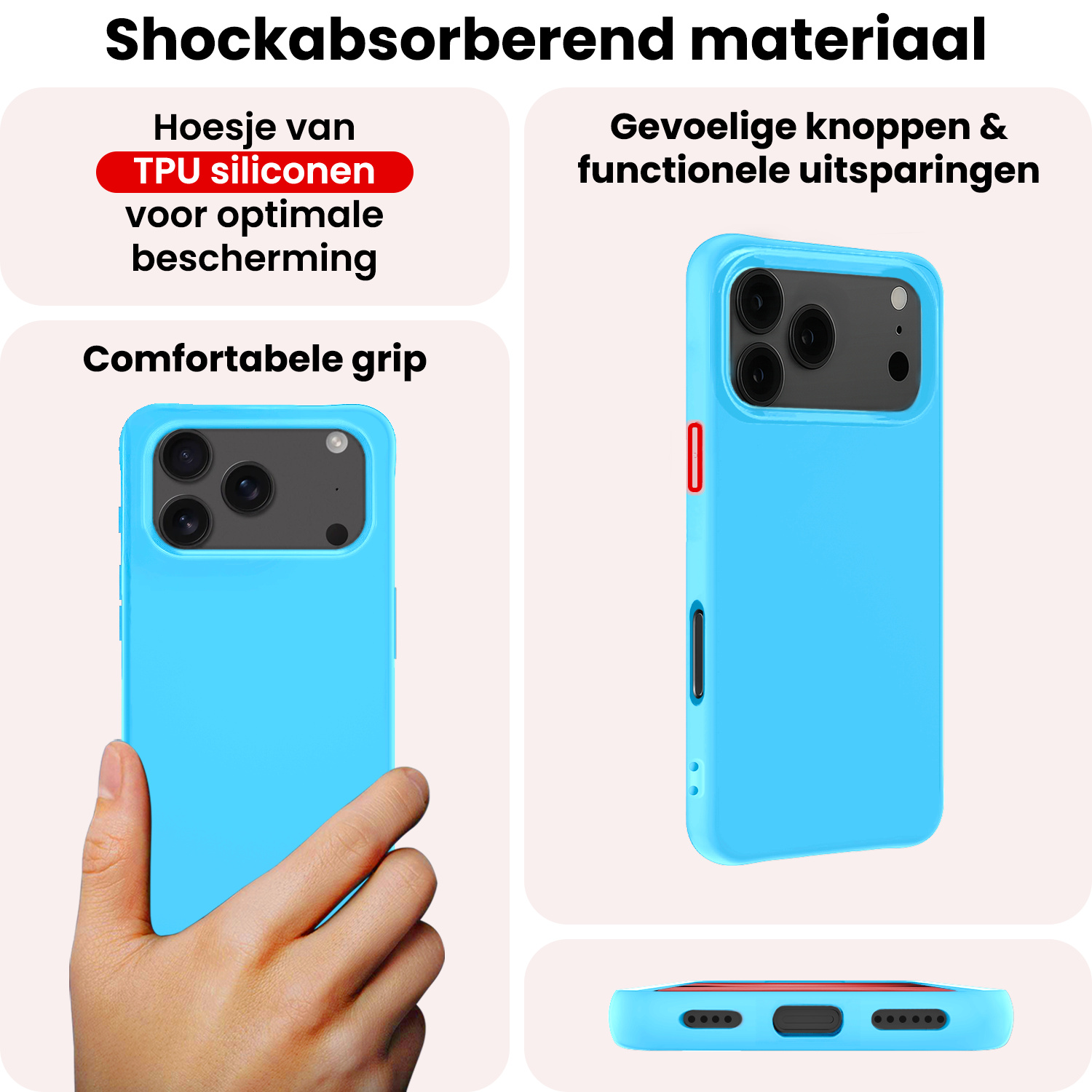 NoXx NoXx iPhone 17 Pro Max Hoesje Siliconen Met 2x Screenprotector Met Dichte Notch - Lichtblauw