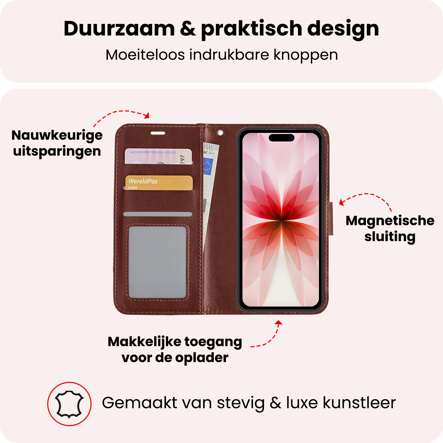 NoXx NoXx iPhone 17 Hoesje Bookcase Met 2x Screenprotector - Bruin