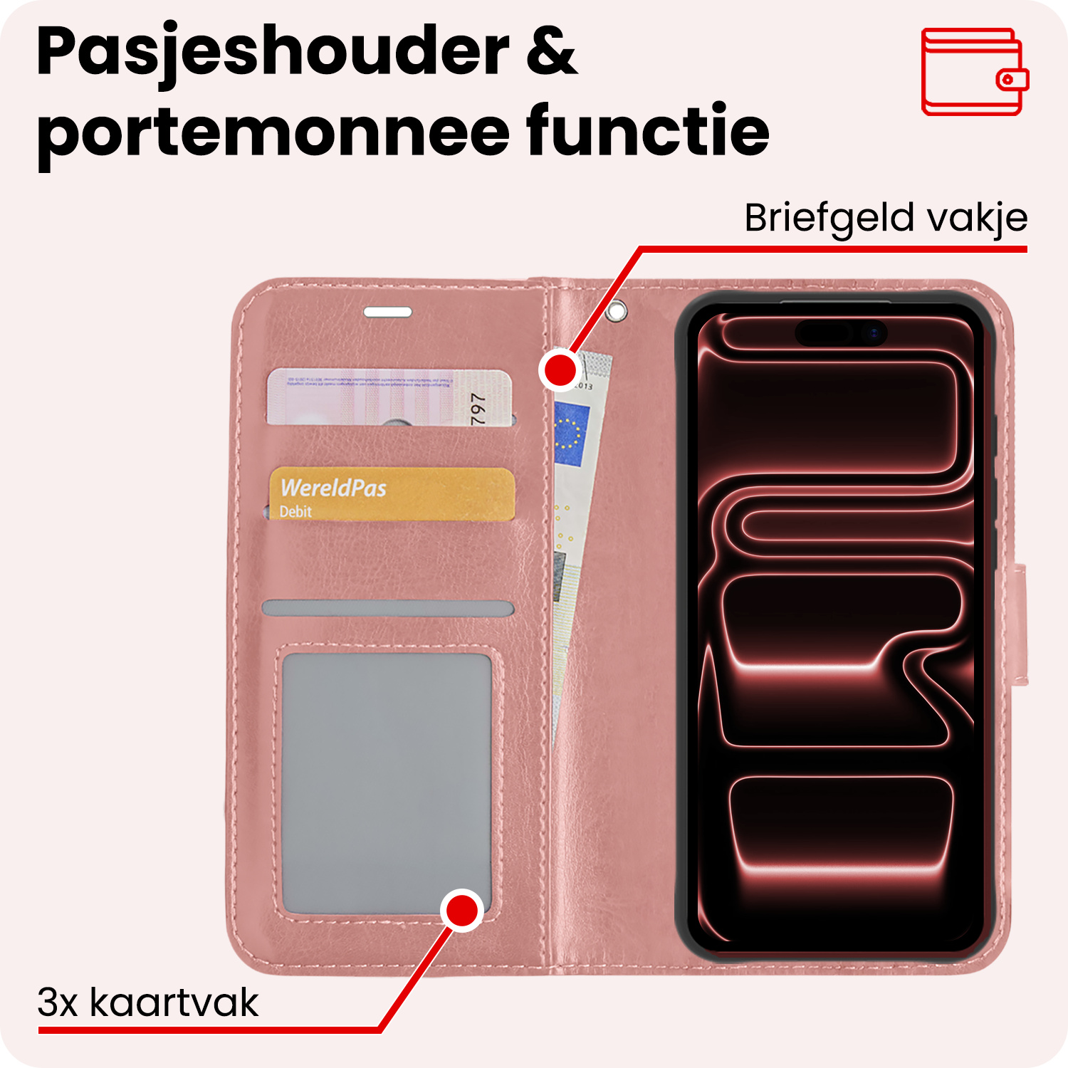 NoXx NoXx iPhone 17 Pro Hoesje Bookcase Met 2x Screenprotector - Rose Goud