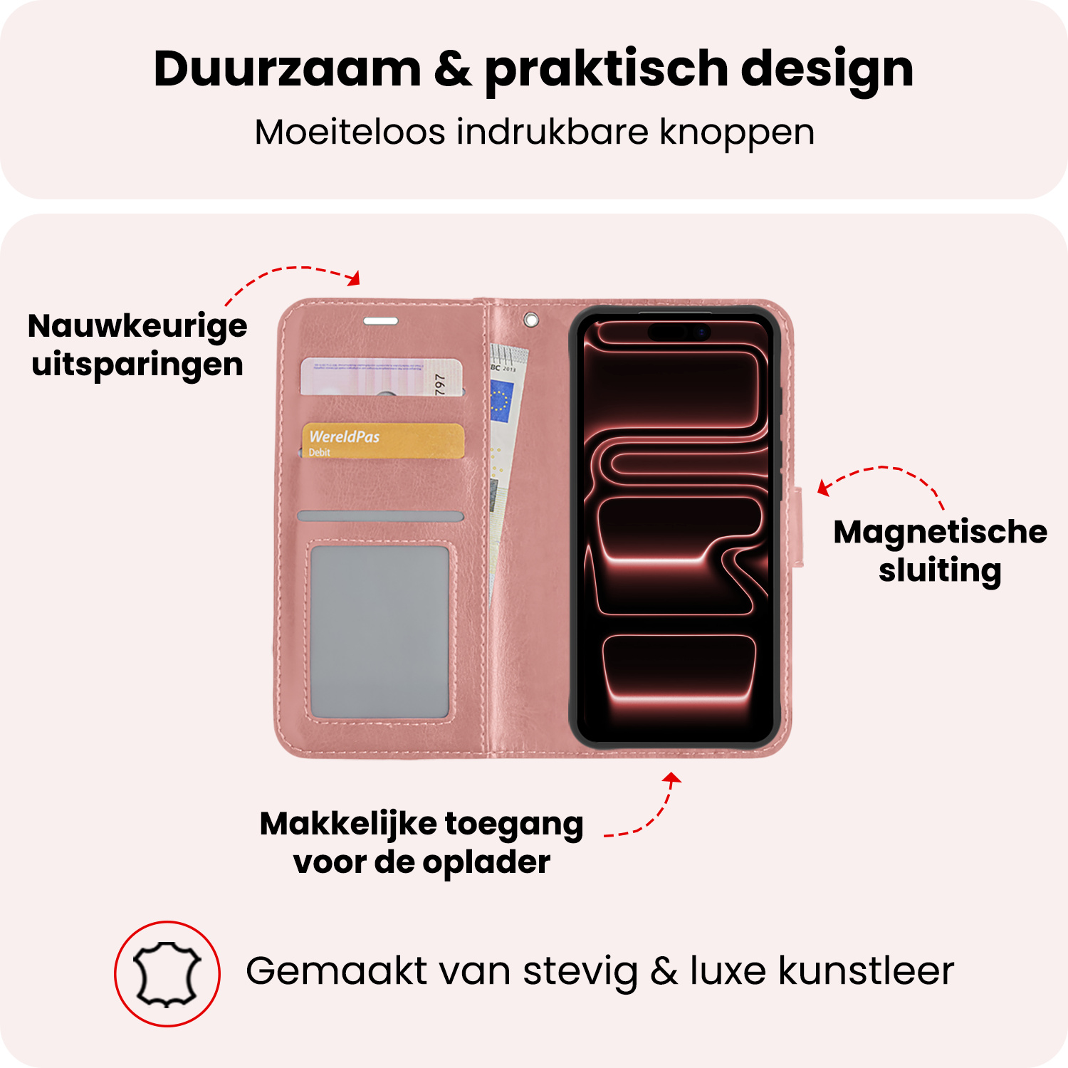 NoXx NoXx iPhone 17 Pro Hoesje Bookcase Met 2x Screenprotector - Rose Goud