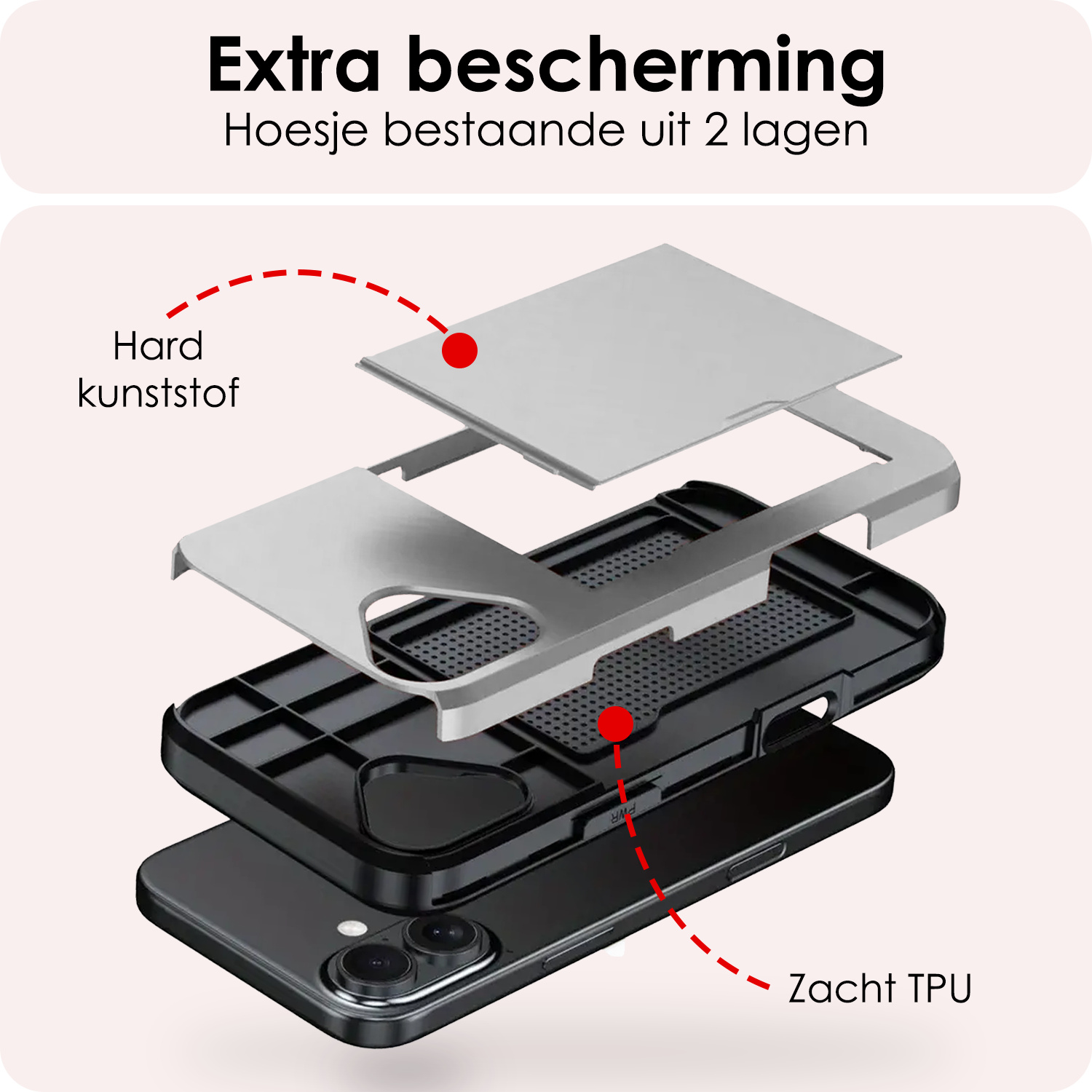 NoXx NoXx iPhone 17 Hoesje Pashouder Hard Met Screenprotector - Grijs