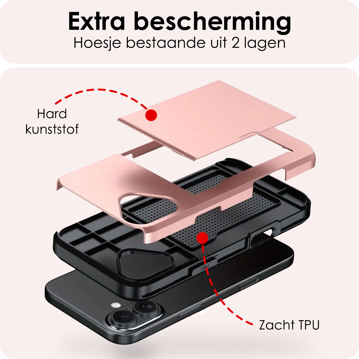 NoXx NoXx iPhone 17 Hoesje Pashouder Hard Met Screenprotector - Rosé Goud