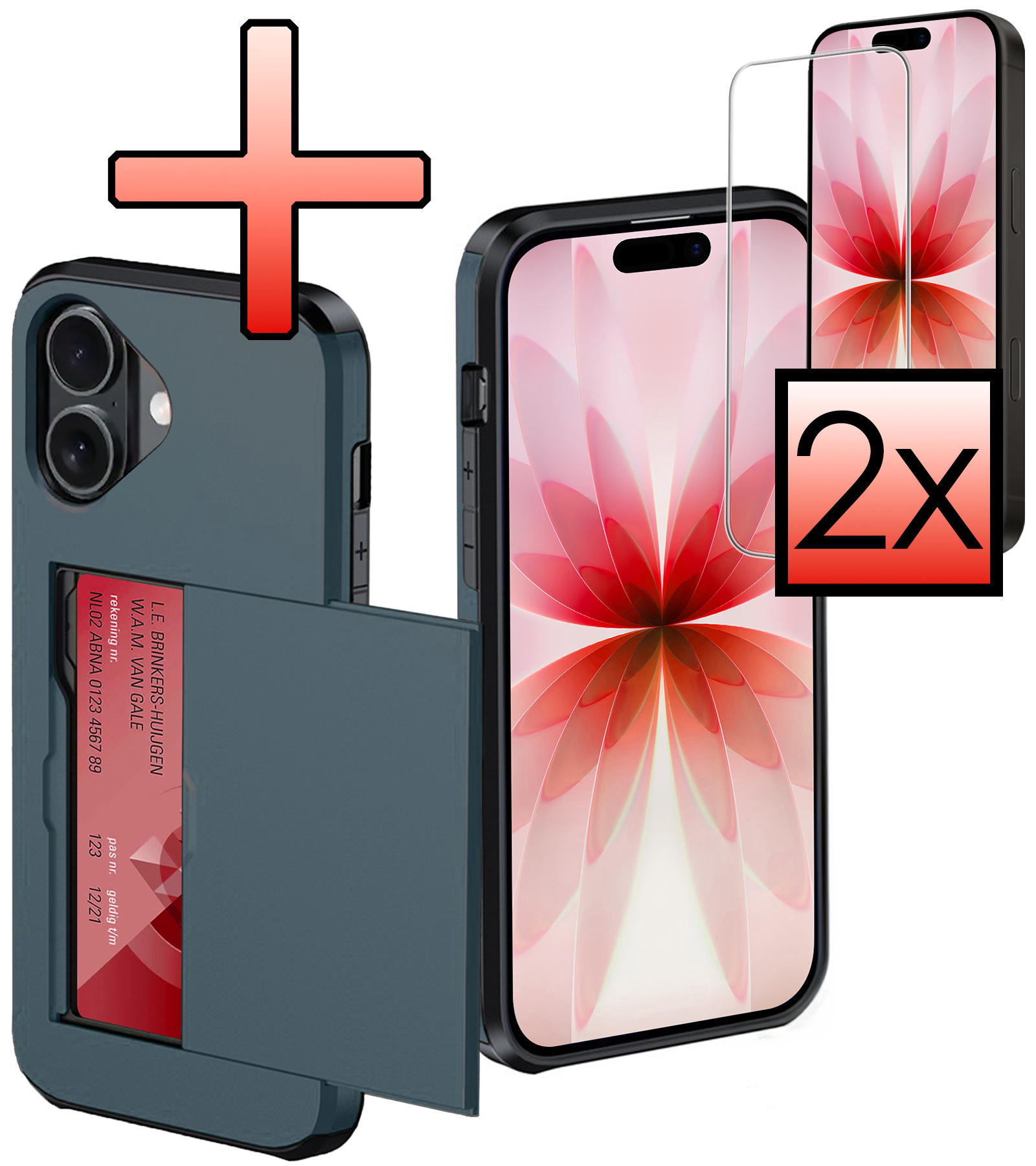 NoXx NoXx iPhone 17 Hoesje Pashouder Hard Met 2x Screenprotector - Donker Blauw
