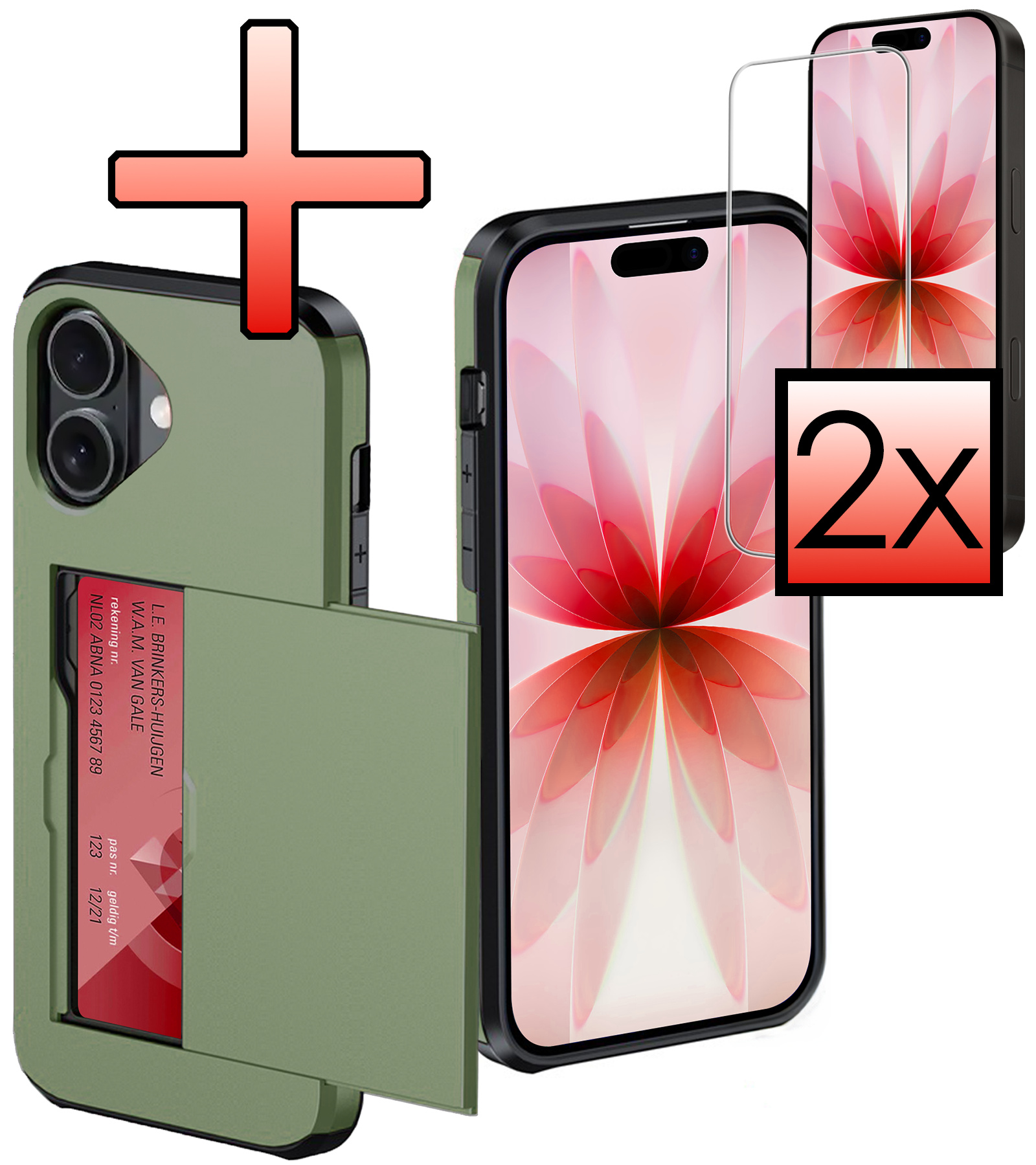 NoXx NoXx iPhone 17 Hoesje Pashouder Hard Met 2x Screenprotector - Donker Groen