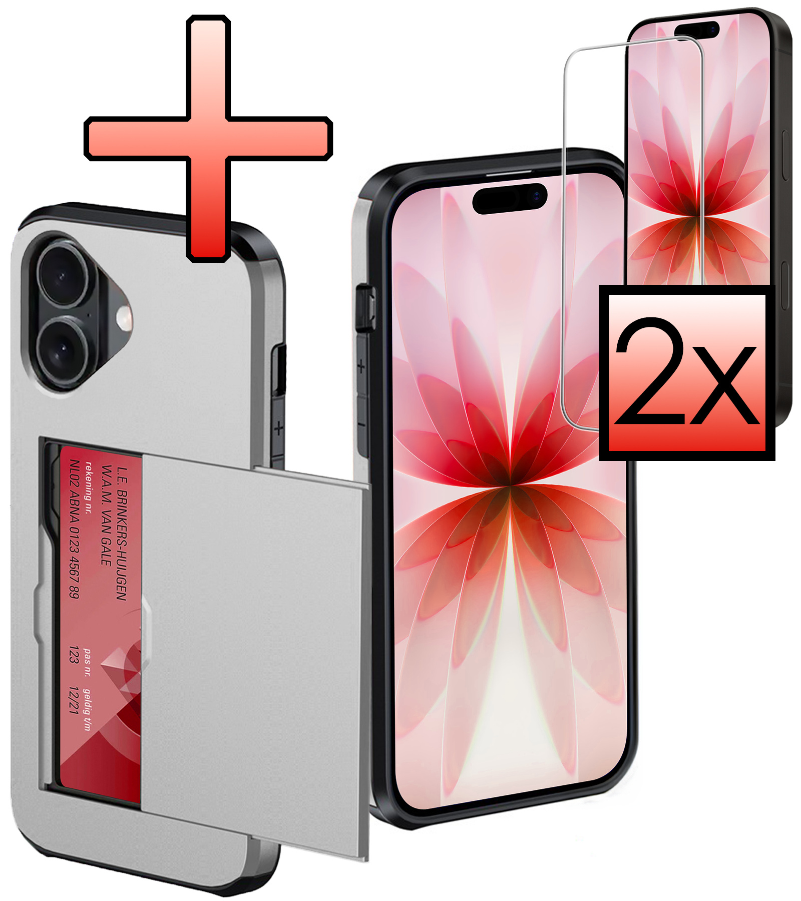 NoXx NoXx iPhone 17 Hoesje Pashouder Hard Met 2x Screenprotector - Grijs