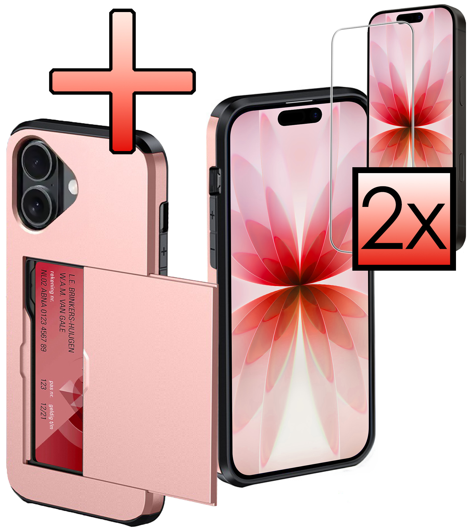 NoXx NoXx iPhone 17 Hoesje Pashouder Hard Met 2x Screenprotector - Rosé Goud