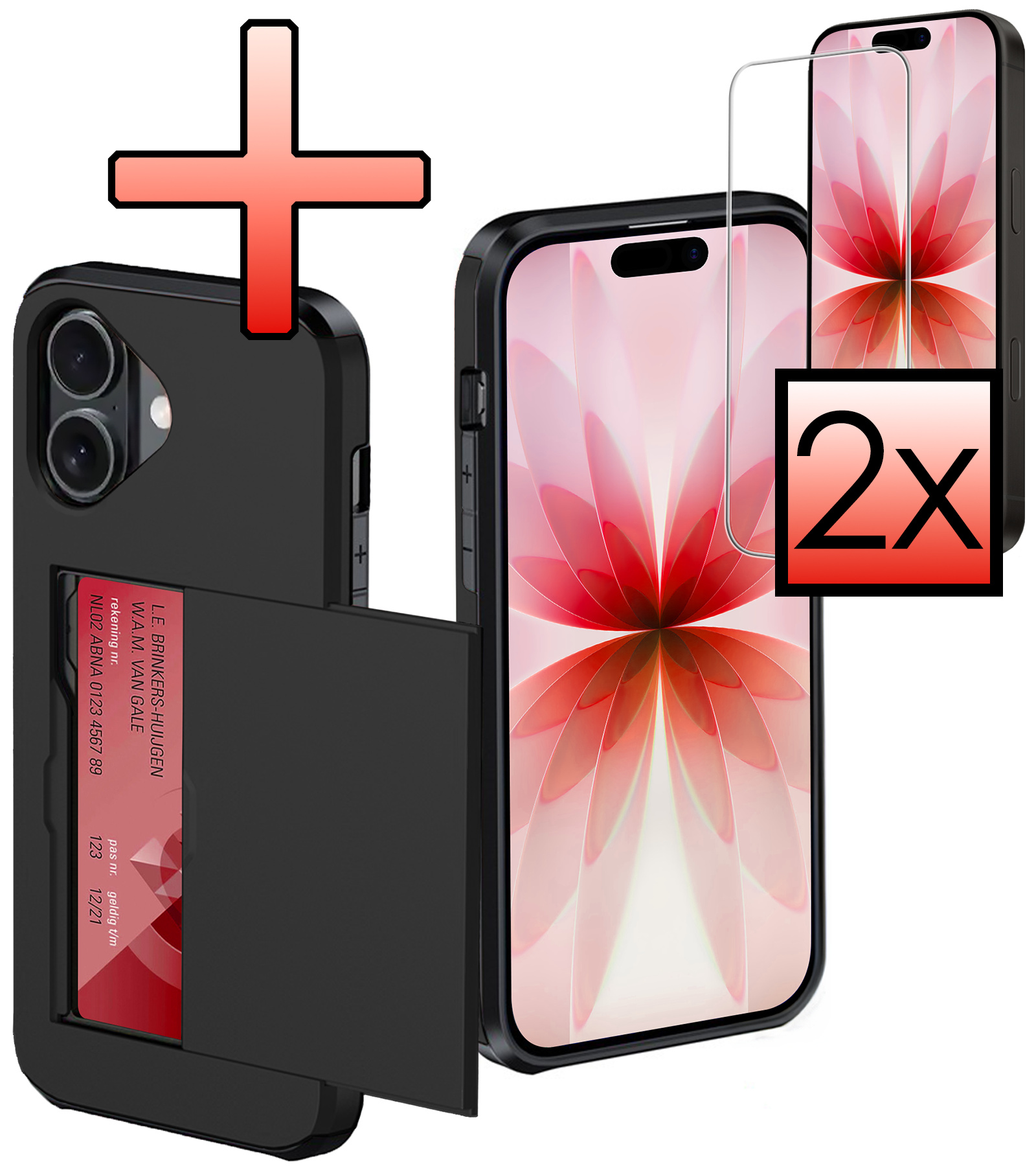 NoXx NoXx iPhone 17 Hoesje Pashouder Hard Met 2x Screenprotector - Zwart