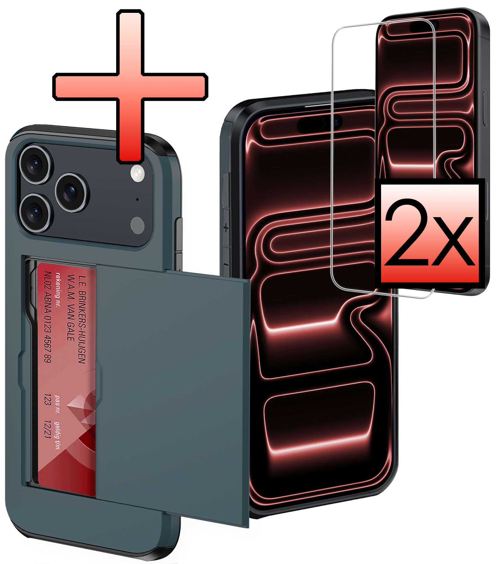 NoXx NoXx iPhone 17 Pro Hoesje Pashouder Hard Met 2x Screenprotector - Donker Blauw