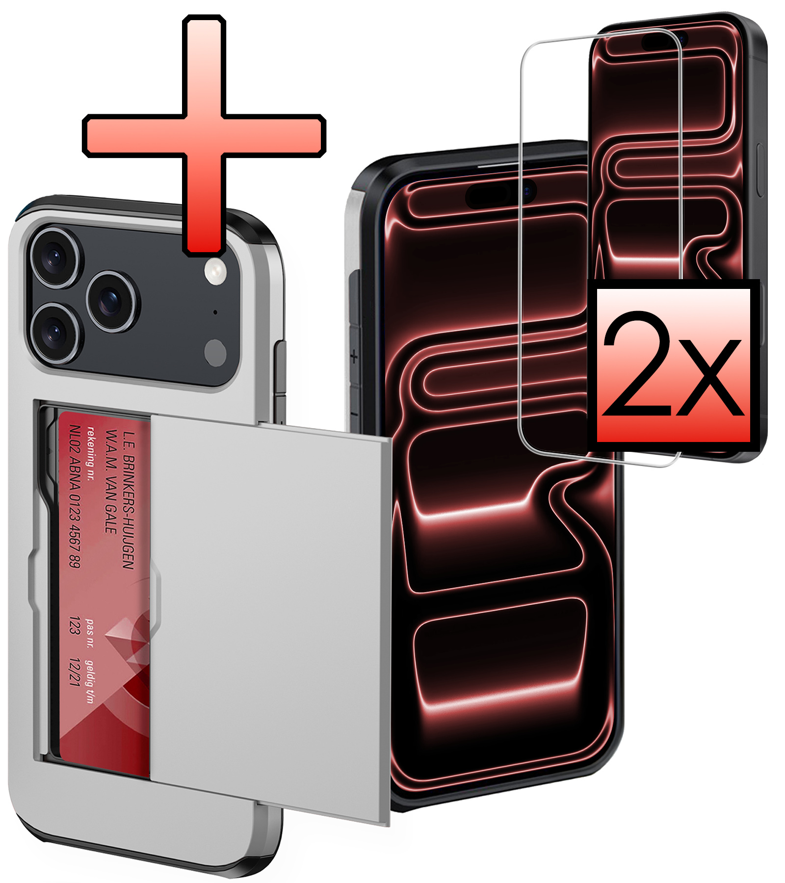 NoXx NoXx iPhone 17 Pro Hoesje Pashouder Hard Met 2x Screenprotector - Grijs