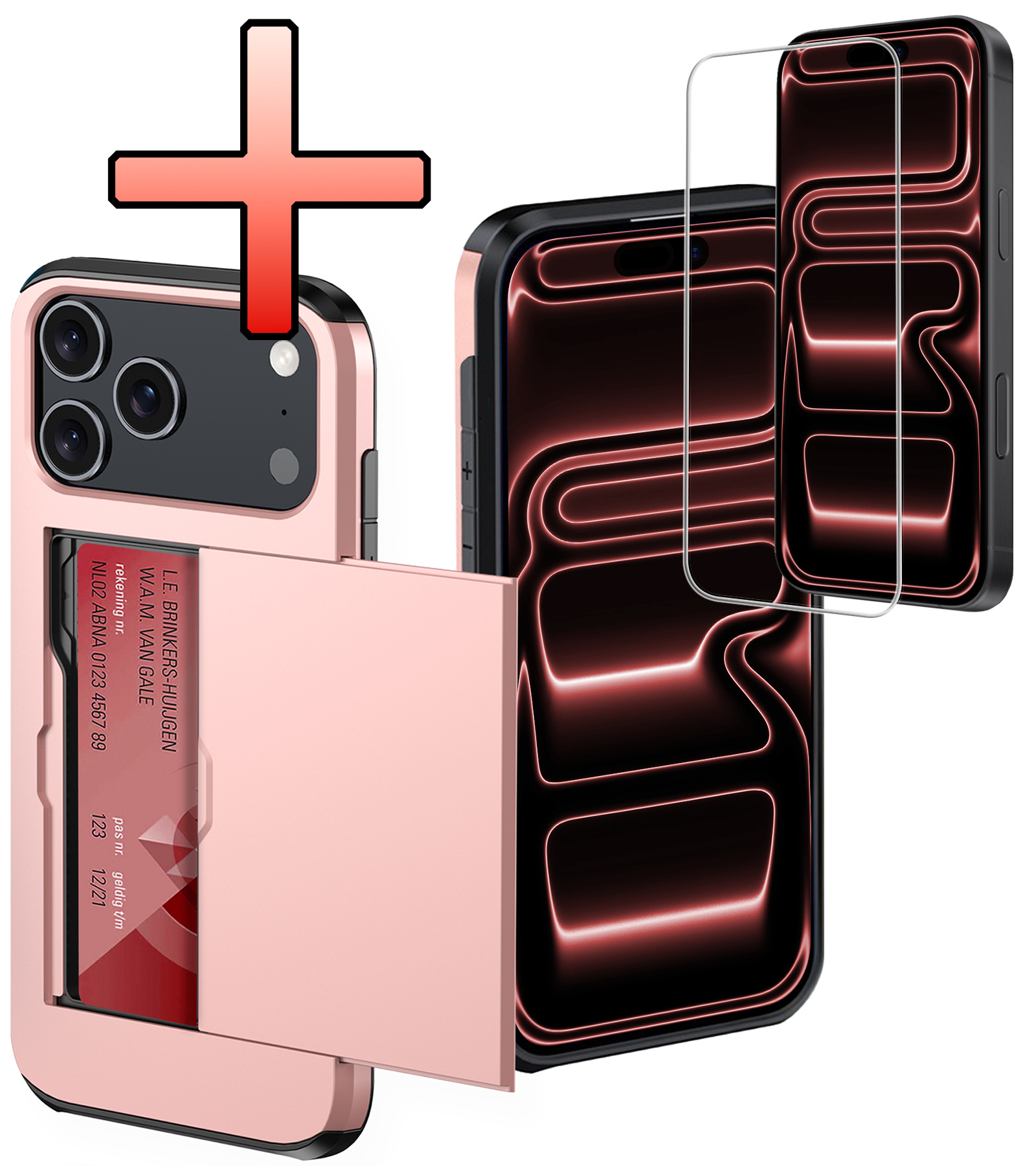 NoXx NoXx iPhone 17 Pro Max Hoesje Pashouder Hard Met Screenprotector - Rosé Goud