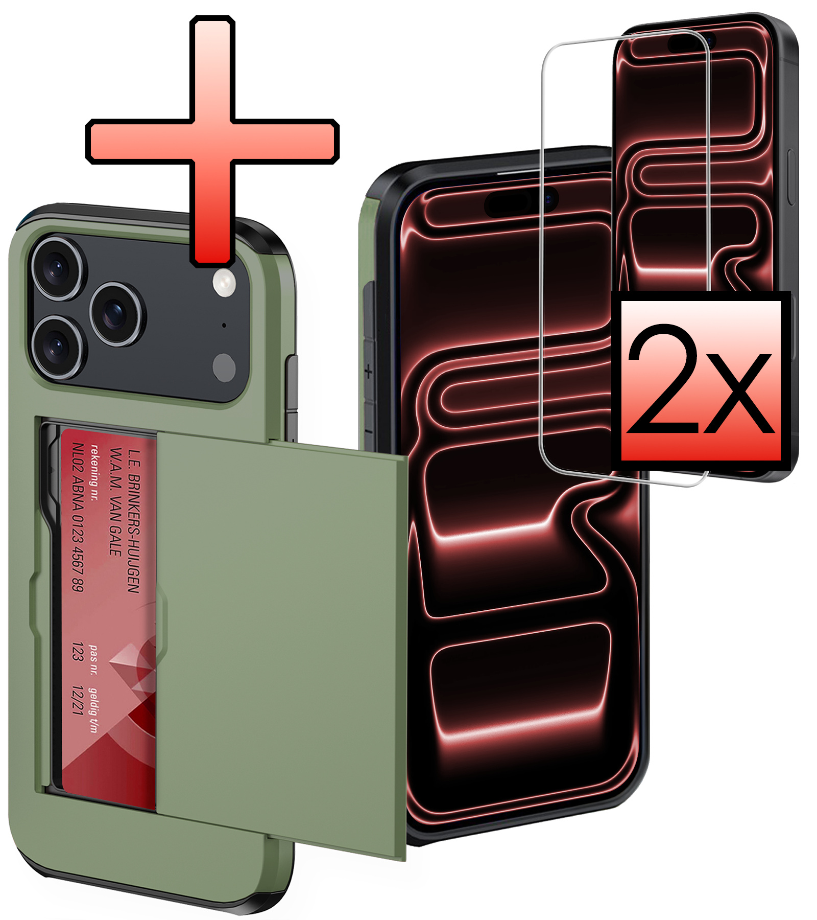 NoXx NoXx iPhone 17 Pro Max Hoesje Pashouder Hard Met 2x Screenprotector - Donker Groen