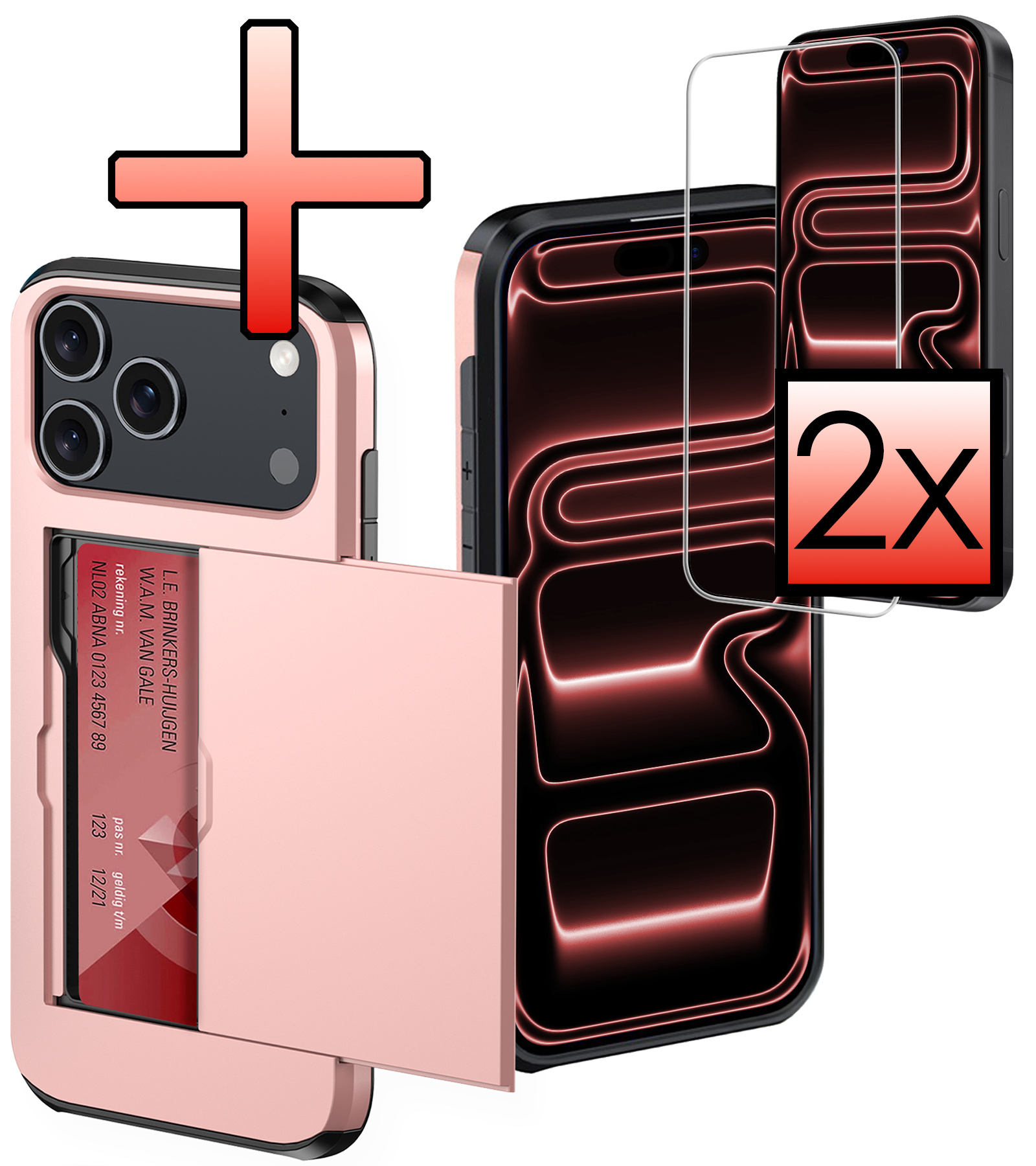 NoXx NoXx iPhone 17 Pro Max Hoesje Pashouder Hard Met 2x Screenprotector - Rosé Goud