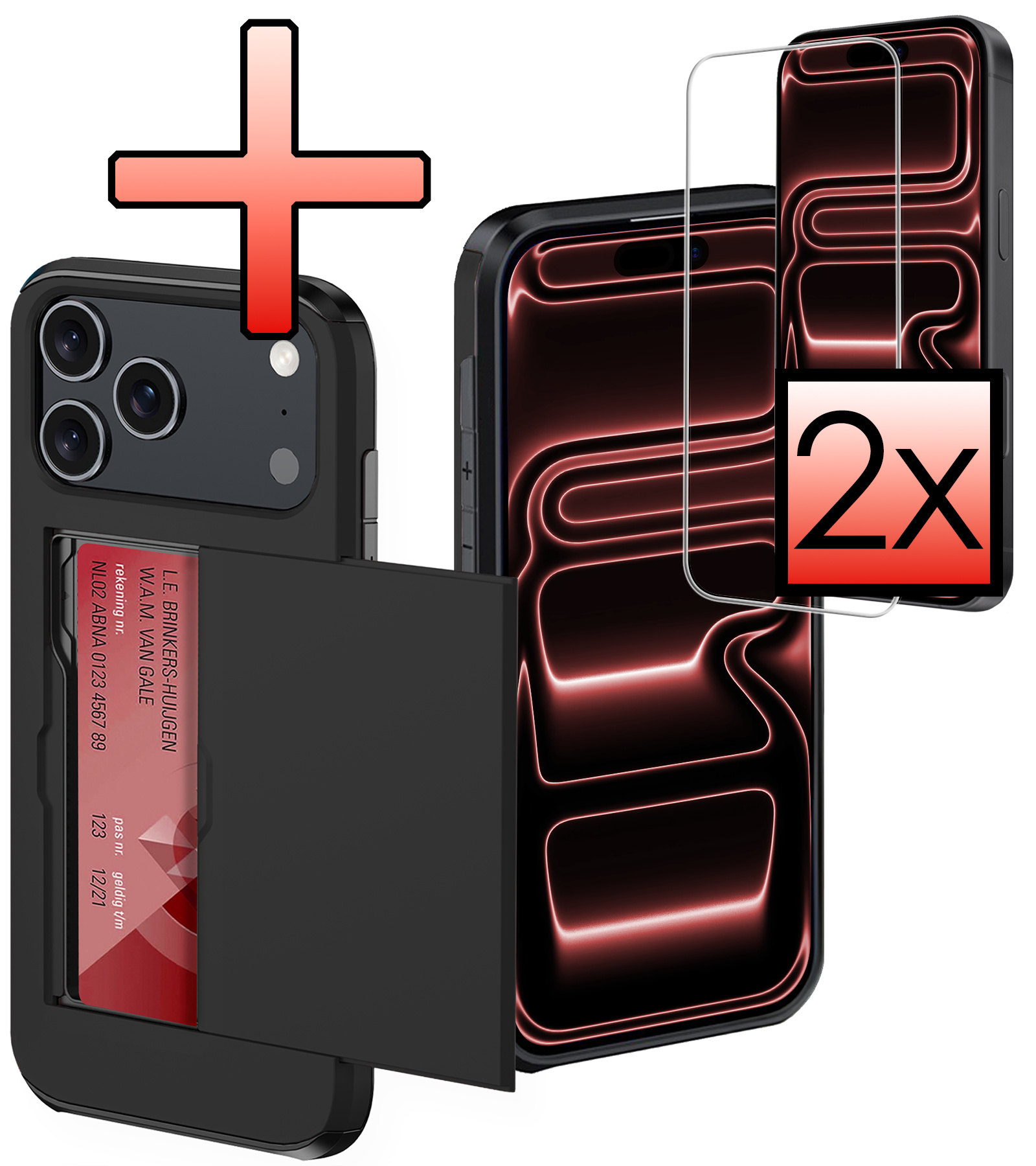 NoXx NoXx iPhone 17 Pro Max Hoesje Pashouder Hard Met 2x Screenprotector - Zwart