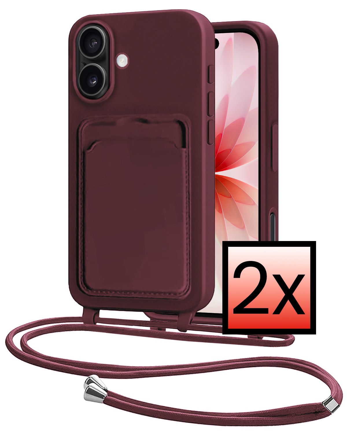 NoXx NoXx iPhone 17 Hoesje Pashouder met Koord - Aubergine - 2 PACK