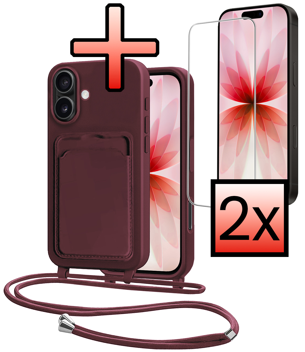 NoXx NoXx iPhone 17 Hoesje Pashouder met Koord Met 2x Screenprotector - Aubergine