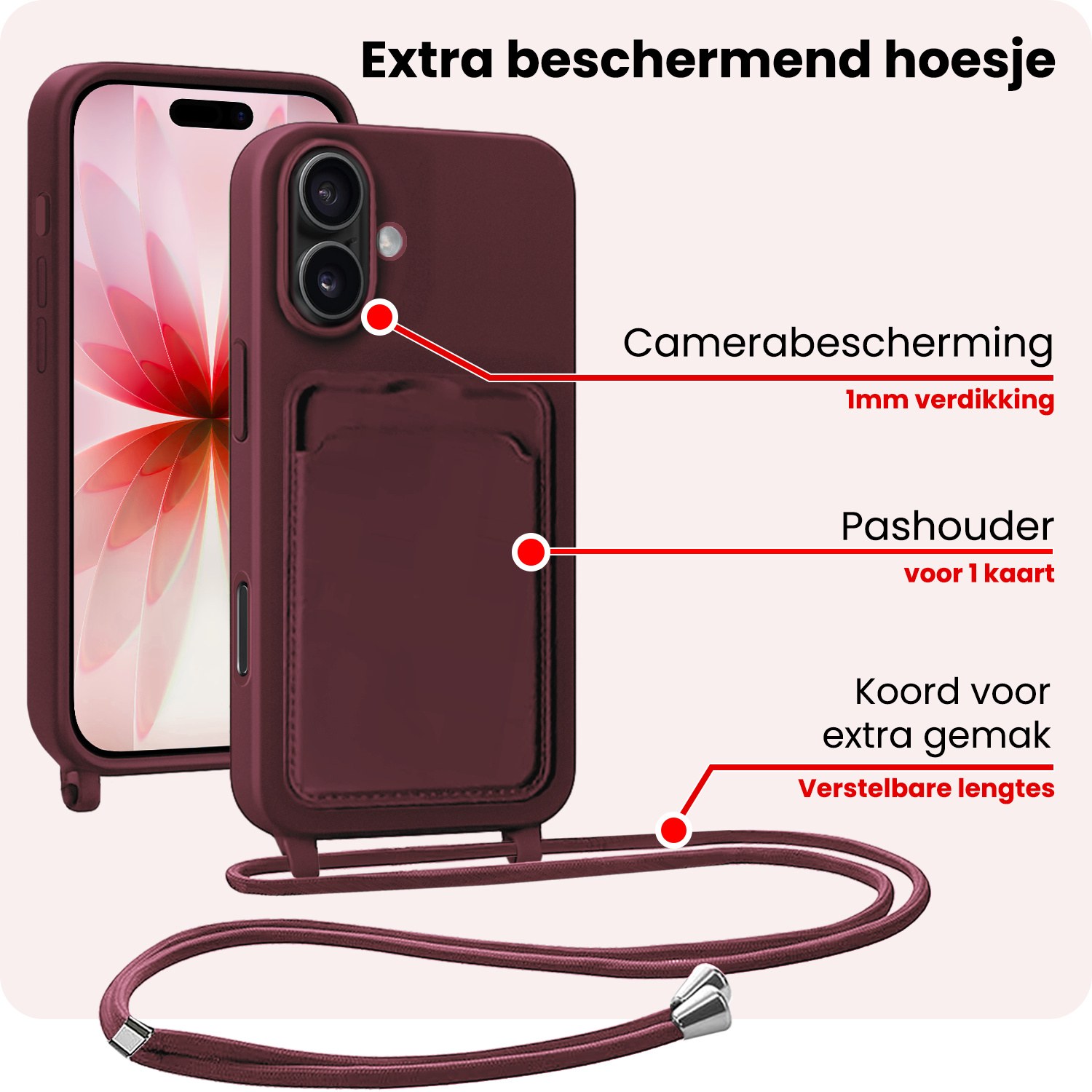 NoXx NoXx iPhone 17 Hoesje Pashouder met Koord Met 2x Screenprotector - Aubergine