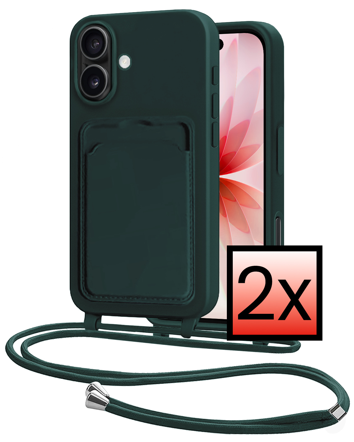 NoXx NoXx iPhone 17 Hoesje Pashouder met Koord - Donkergroen - 2 PACK