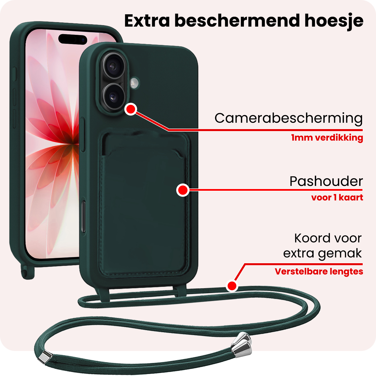 NoXx NoXx iPhone 17 Hoesje Pashouder met Koord Met 2x Screenprotector - Donkergroen