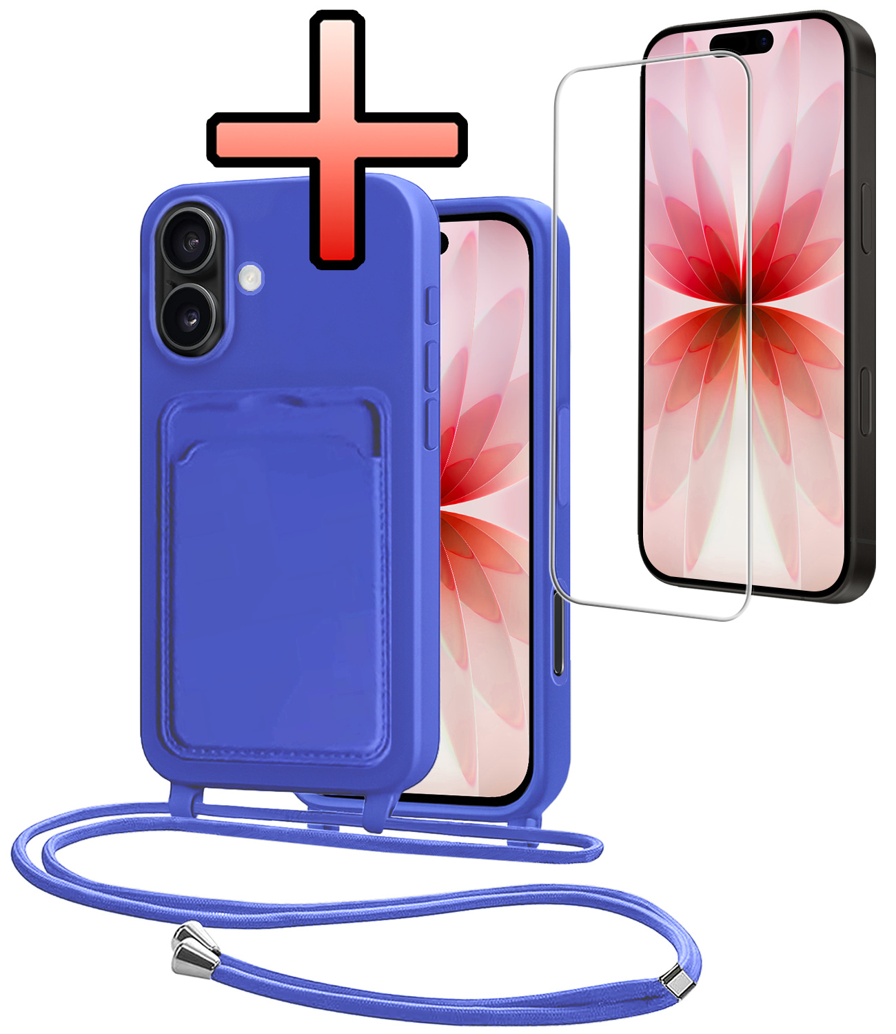NoXx NoXx iPhone 17 Hoesje Pashouder met Koord Met Screenprotector - Fel Blauw
