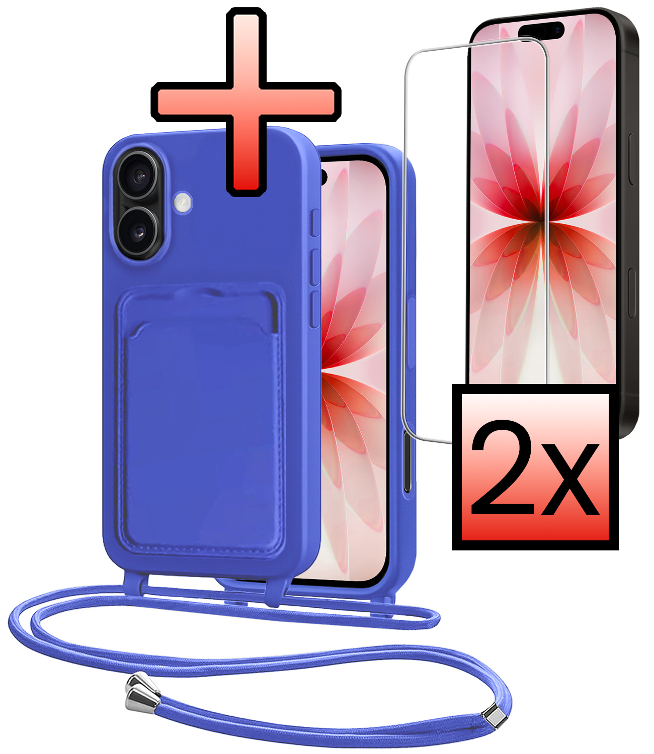 NoXx NoXx iPhone 17 Hoesje Pashouder met Koord Met 2x Screenprotector - Fel Blauw