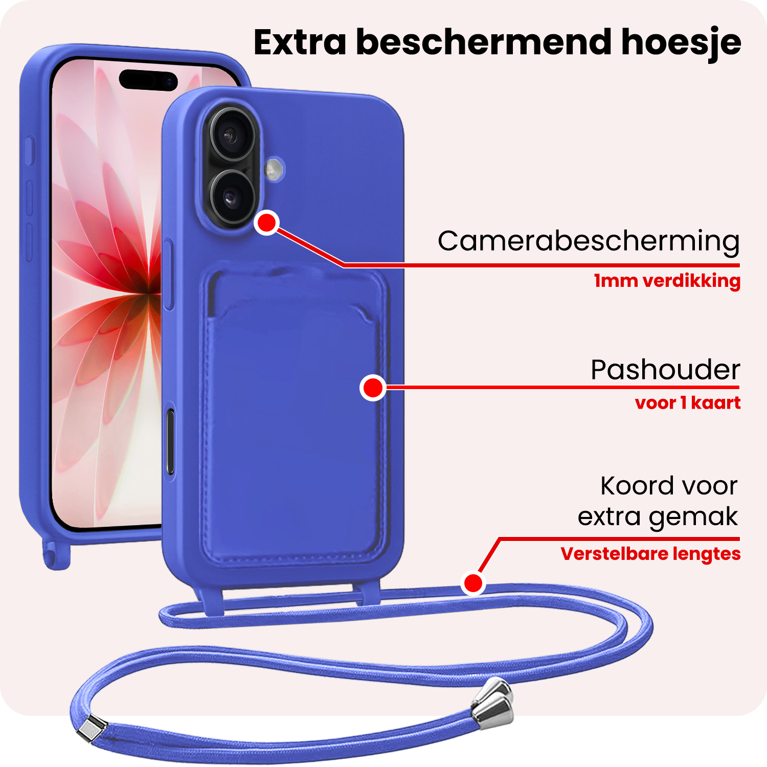 NoXx NoXx iPhone 17 Hoesje Pashouder met Koord Met 2x Screenprotector - Fel Blauw