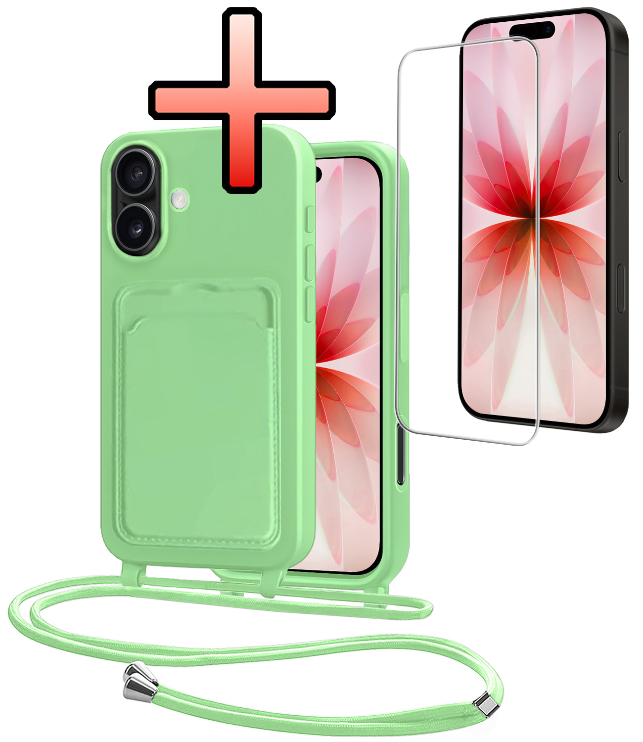 NoXx NoXx iPhone 17 Hoesje Pashouder met Koord Met Screenprotector - Groen