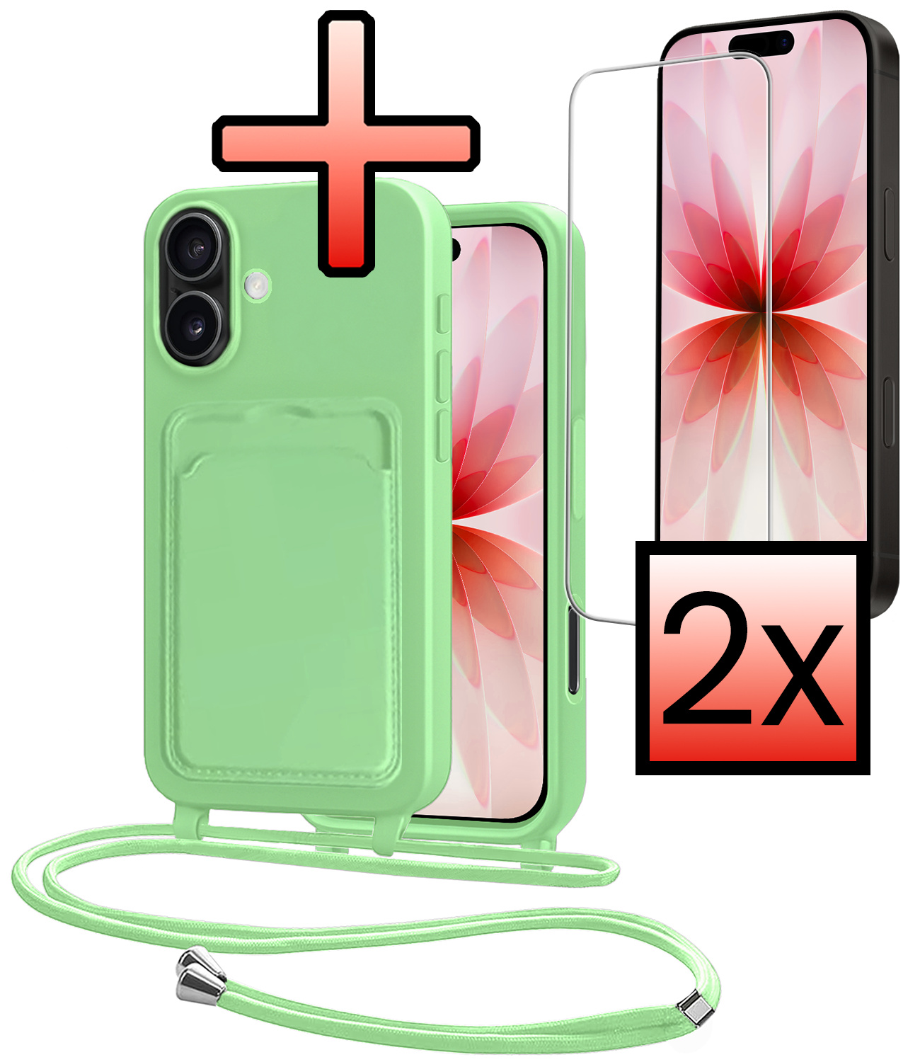 NoXx NoXx iPhone 17 Hoesje Pashouder met Koord Met 2x Screenprotector - Groen