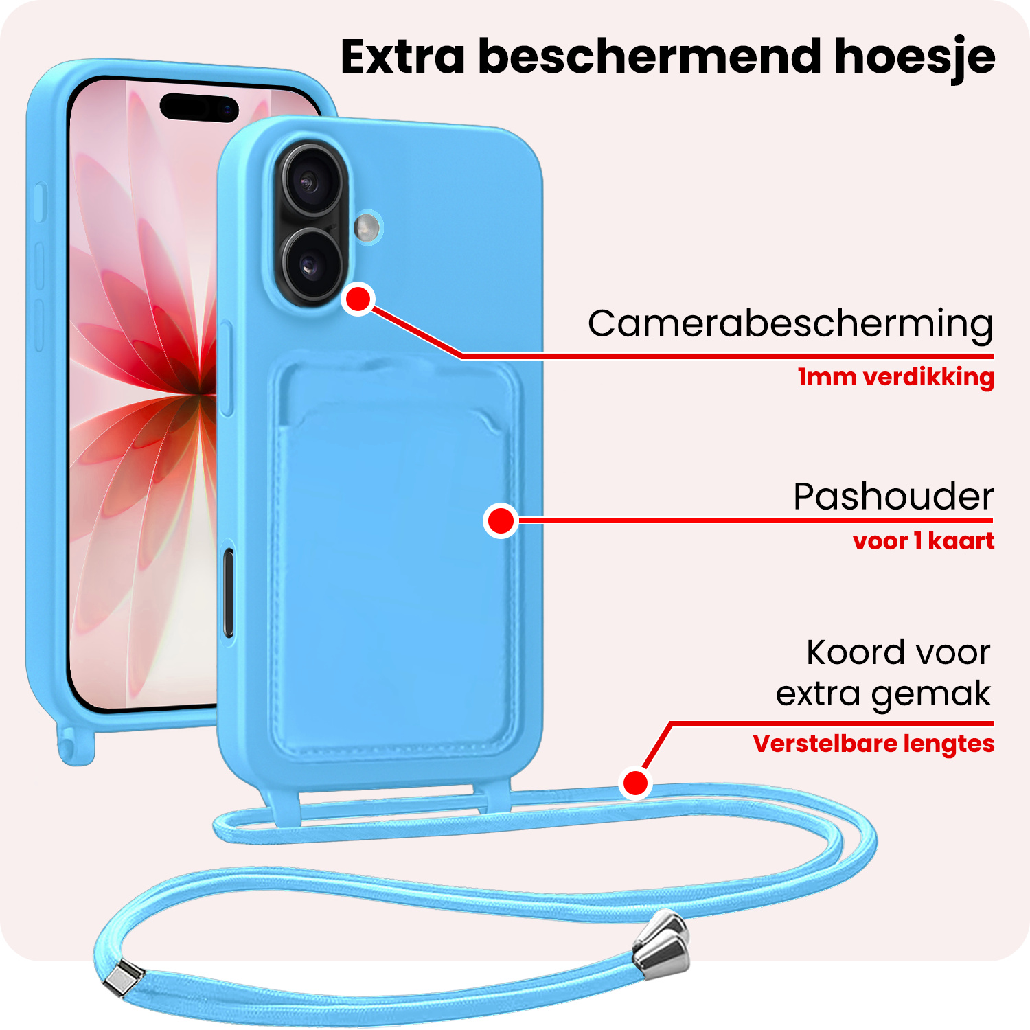 NoXx NoXx iPhone 17 Hoesje Pashouder met Koord - Lichtblauw - 2 PACK