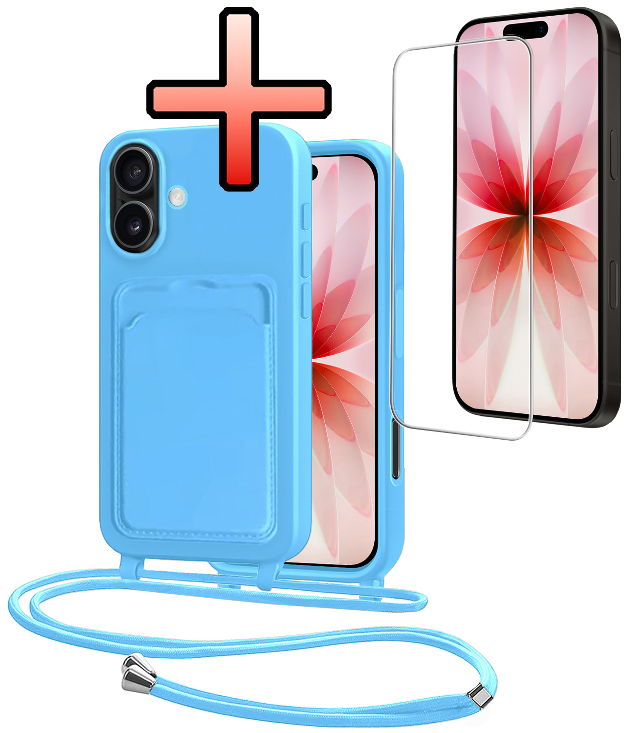 NoXx NoXx iPhone 17 Hoesje Pashouder met Koord Met Screenprotector - Lichtblauw