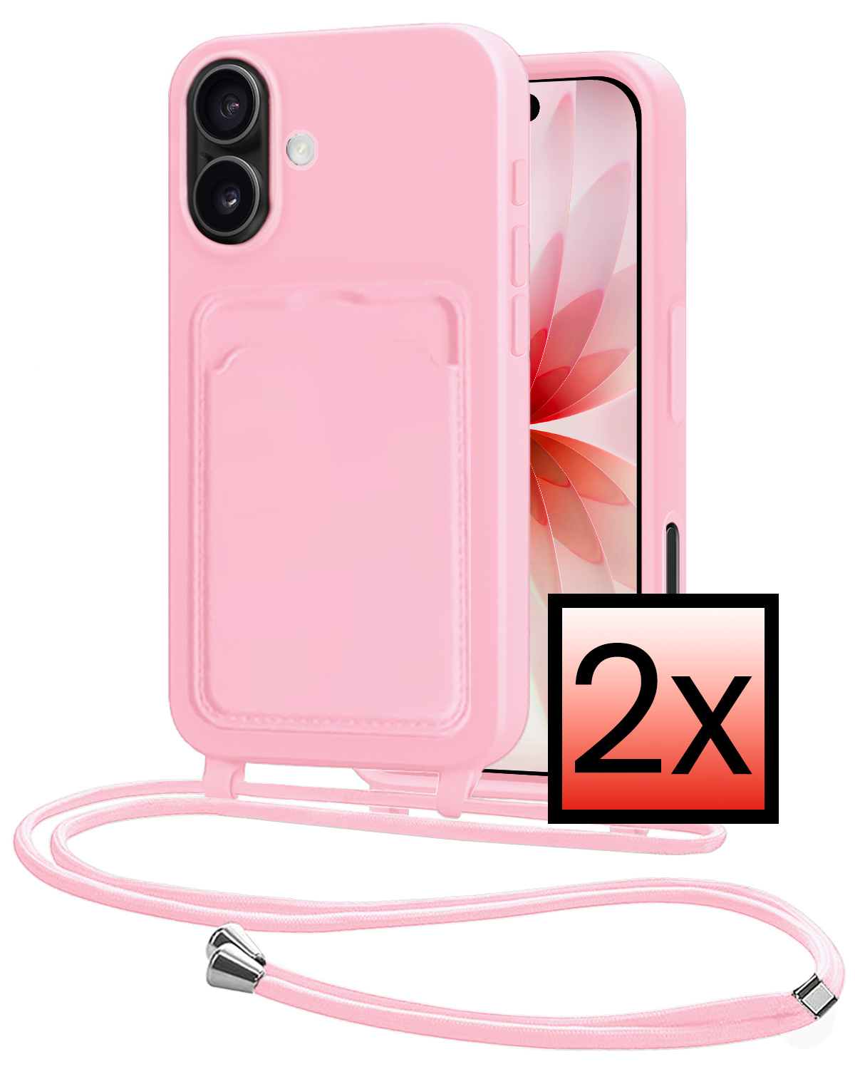 NoXx NoXx iPhone 17 Hoesje Pashouder met Koord - Lichtroze - 2 PACK