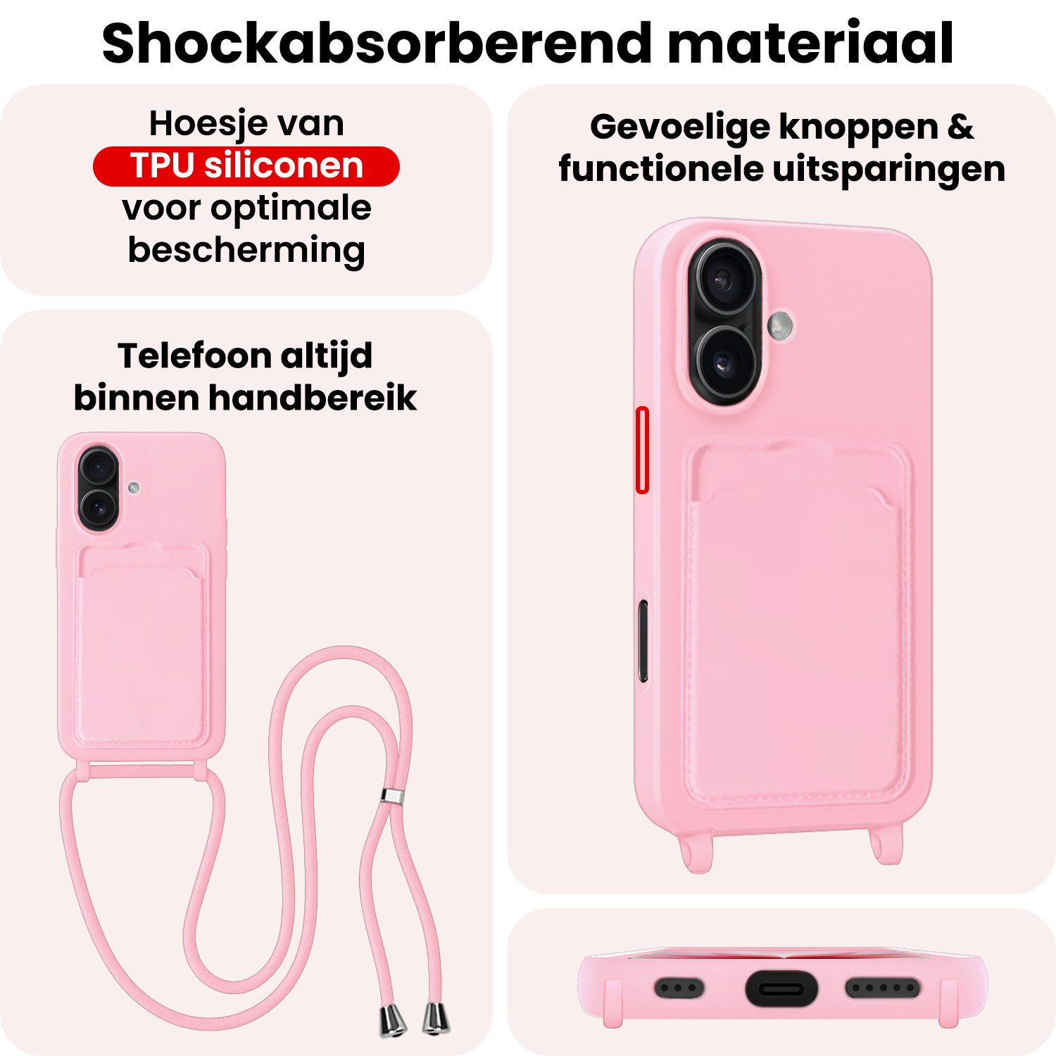 NoXx NoXx iPhone 17 Hoesje Pashouder met Koord - Lichtroze - 2 PACK