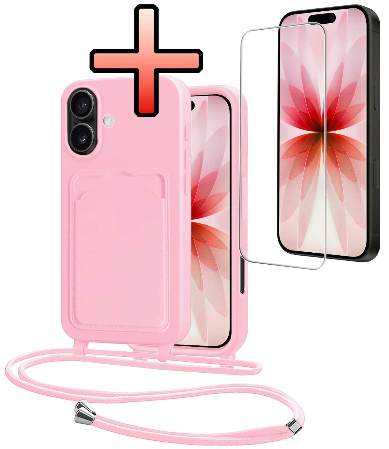 NoXx NoXx iPhone 17 Hoesje Pashouder met Koord Met Screenprotector - Lichtroze