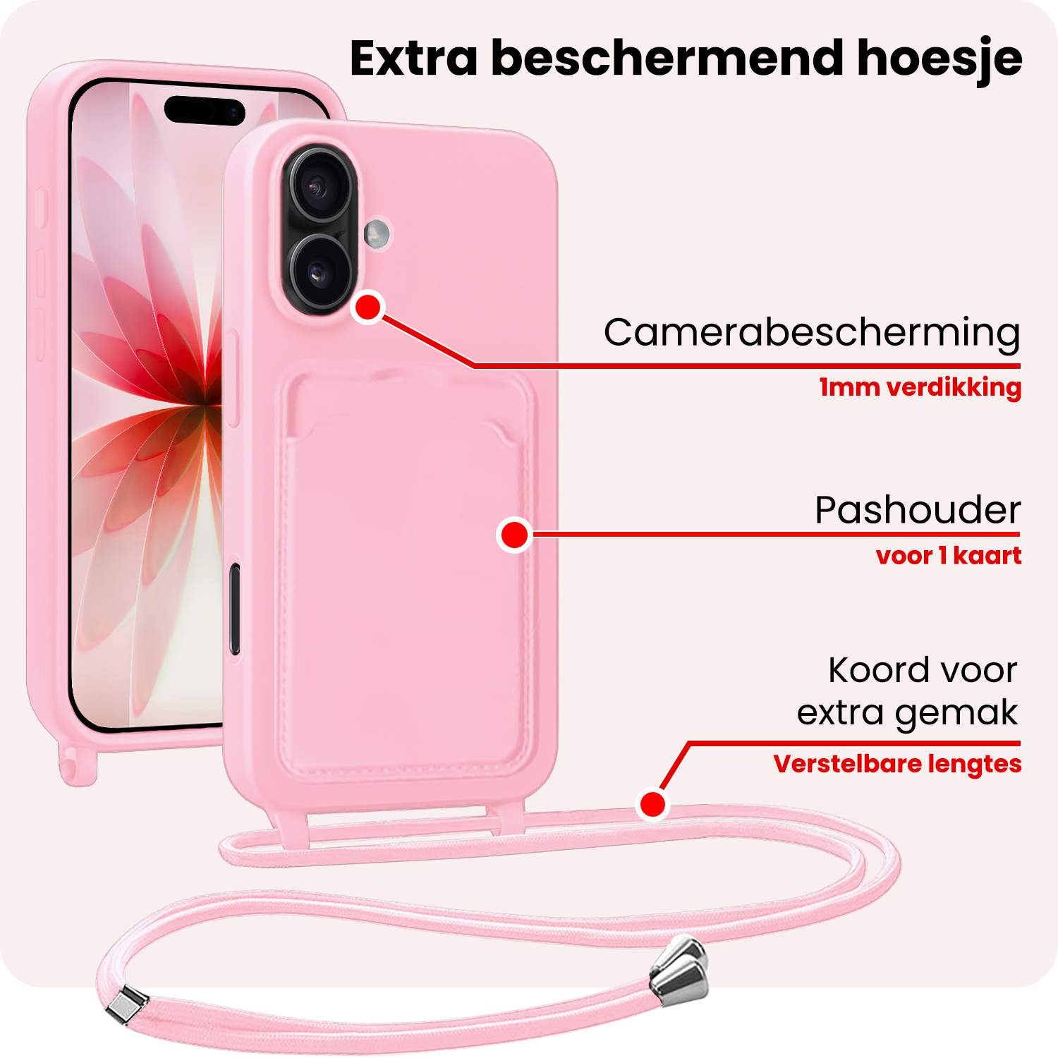 NoXx NoXx iPhone 17 Hoesje Pashouder met Koord Met Screenprotector - Lichtroze