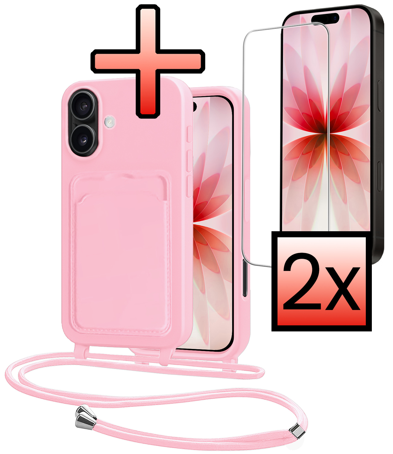 NoXx NoXx iPhone 17 Hoesje Pashouder met Koord Met 2x Screenprotector - Lichtroze