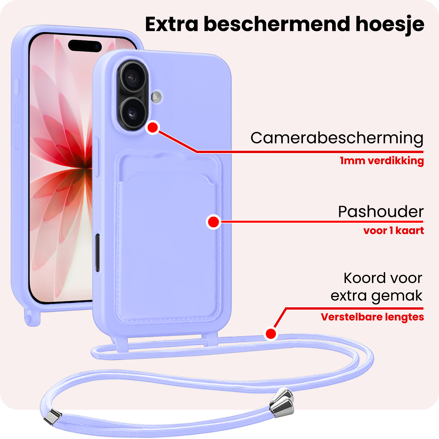 NoXx NoXx iPhone 17 Hoesje Pashouder met Koord Met Screenprotector - Lila
